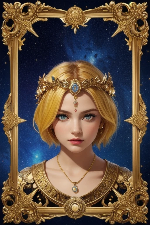 Realistic, (Masterpiece, Top Quality, Best Quality, Official Art, Beautiful and Aesthetic: 1.2), Very Detailed, Fractal Art, Colorful, Most Detailed, Leo, (Abstract Background: 1.5), (1girl: 1.3), (Cat class), yellow hair, bright eyes, earnest, combed back, short hair, milky way, huge magical gold Leo astrolabe, dream, fantasy, gold trim,beautiful detailed sky, Style and Decoration for Leo, leo goddess, (nsfw:0.8), delicate refective and high glass guardrail board