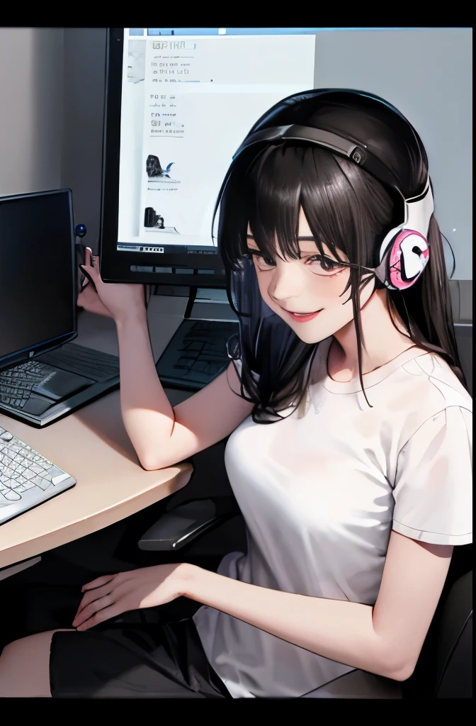 dark brown hair, dark brown eyes, gamer headset, gamer phone, desk, PC, pale skin, big chest