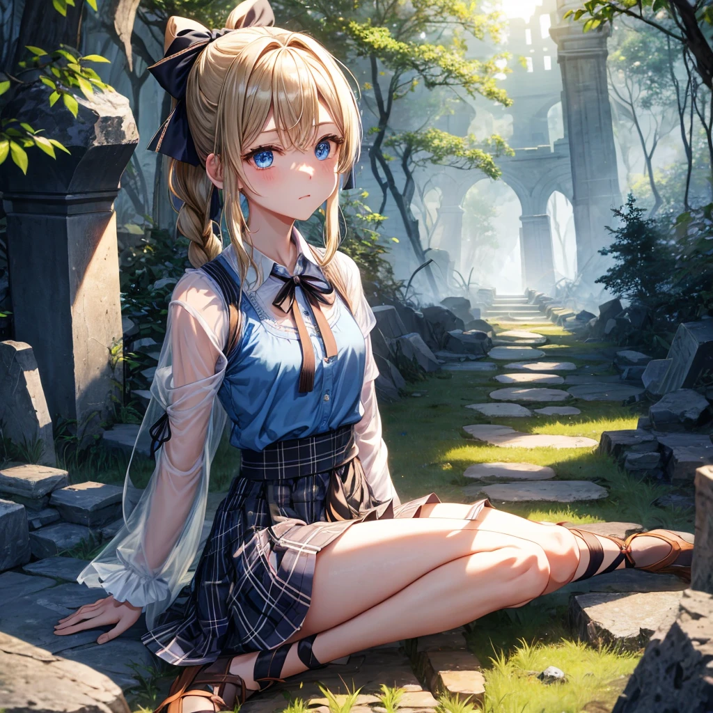 patina hair、blue eyes、Braid、ponytail、one good looking girl、solo、anime、Plaid miniskirt、camisole、black t-shirt、Tilting your face、Doing the ribbon、Ribbon at waist、sunset sky、broken stone steps、ruins、tunnel、Fallen leaves、Light and shadow、Raising legs、column、sparks fall、forest、tall grass grows、cloak、the ground is cracked、Shortness of breath、Meteor、sitting on a stone、cave、crystal