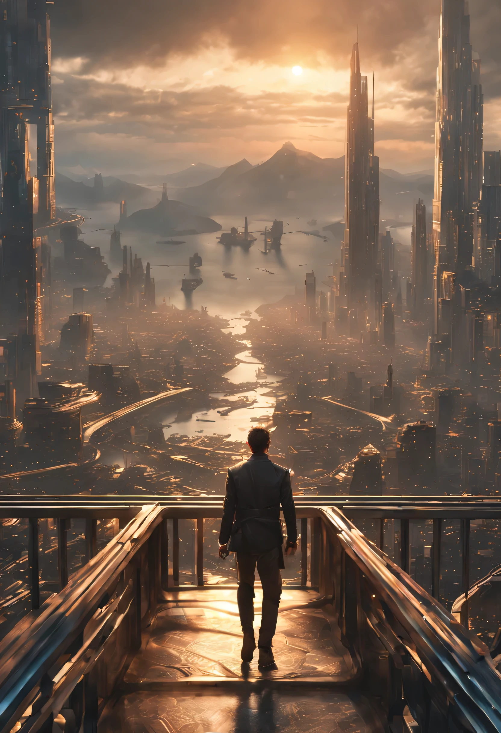 (8k unit wallpaper CG extremely detailed, masterpiece, best quality, ultra-detailed), (((solo)))), ((extremely wide shot:1.15)), a man on a bridge looking at a scifi city in the distance in the background, ((back view)), ((full body)), (high detail), (intricate details), intricate, magnificent scene, detailed environment, highly detailed environment, illustrator, (masterpiece).