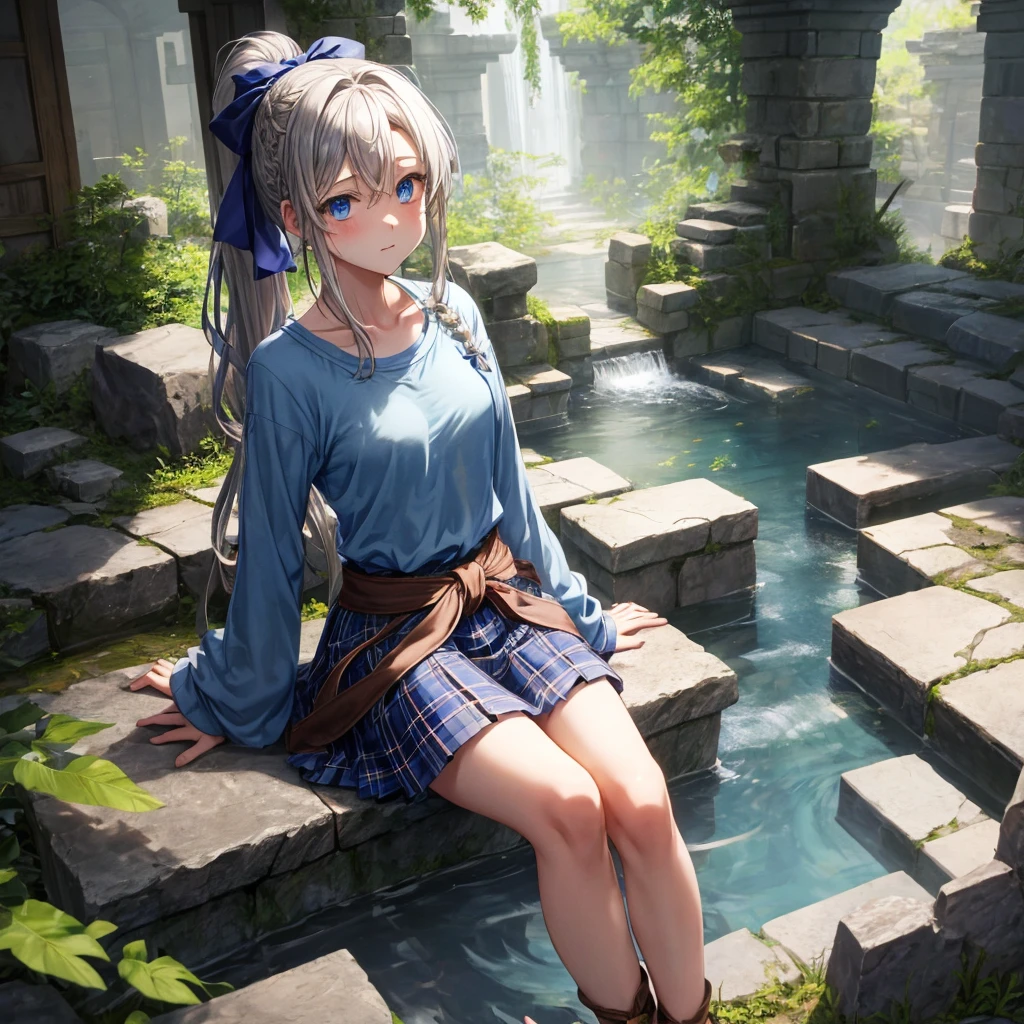patina hair、blue eyes、Braid、ponytail、one good looking girl、solo、anime、Plaid miniskirt、camisole、black t-shirt、Tilting your face、Doing the ribbon、Ribbon at waist、broken stone steps、ruins、tunnel、Fallen leaves、Light and shadow、Raising legs、cloak、the ground is cracked、Shortness of breath、Meteor、sitting on a stone、Crystal Grotto