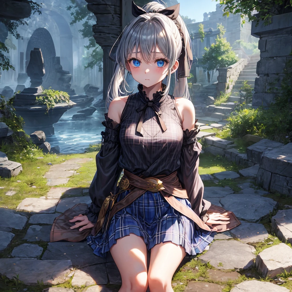 patina hair、blue eyes、Braid、ponytail、one good looking girl、solo、anime、Plaid miniskirt、camisole、black t-shirt、Tilting your face、Doing the ribbon、Ribbon at waist、broken stone steps、ruins、tunnel、Fallen leaves、Light and shadow、Raising legs、cloak、the ground is cracked、Shortness of breath、Meteor、sitting on a stone、Crystal Grotto
