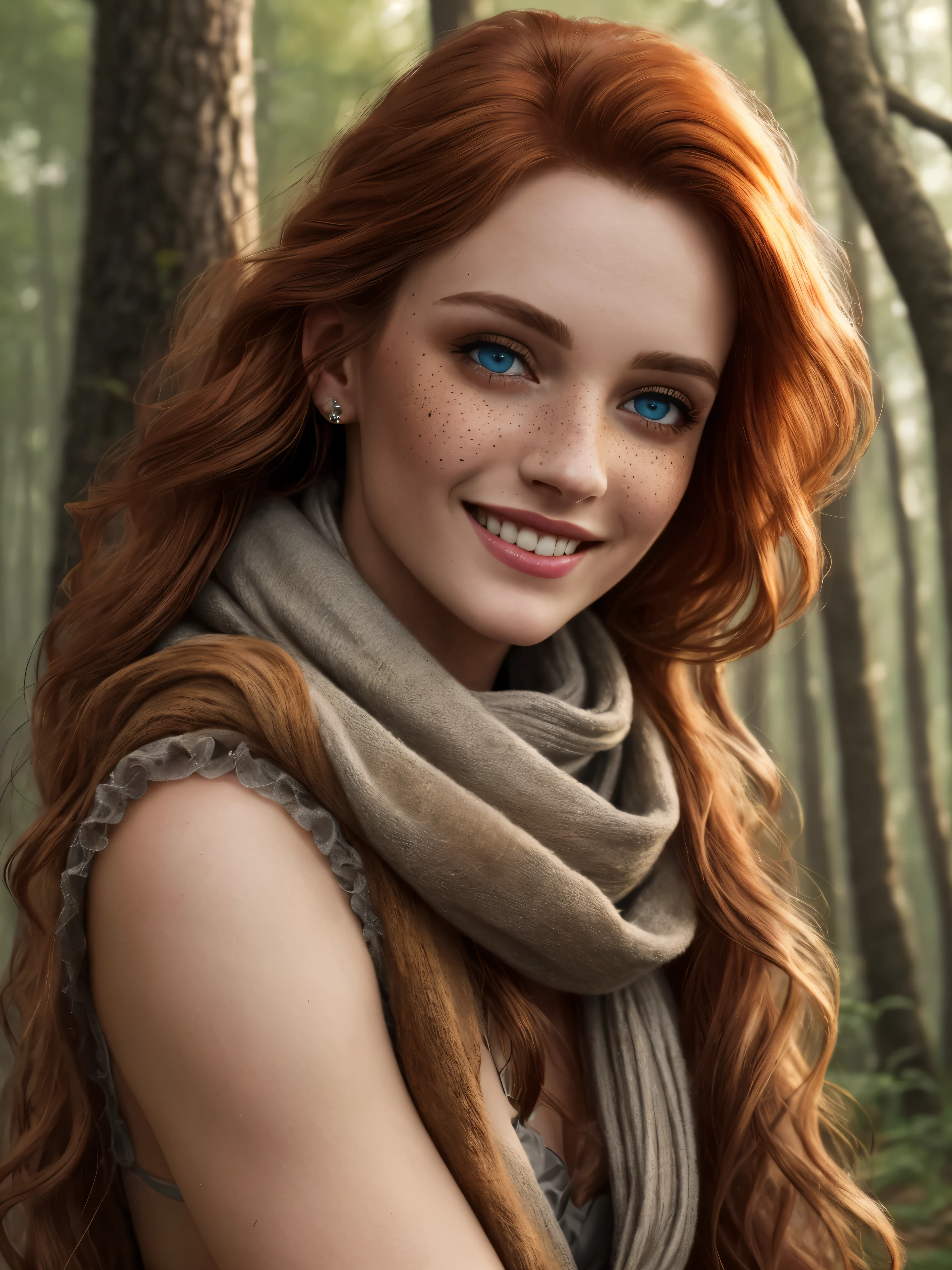 (Realistic:1.2), Photorealistic attractive beautiful woman with messy red hair, Blue eyes, small freckles, wear a long scarf and leg warmers, Princess Merida, brave, cute sexy, feminine pose, In the woods, Cinematic lighting, Ethereal light, complex parts, extremely detailed, full color, complex parts, Insanely detailed and confusing, Hyper maximalist, rich colors, Cinematic, smiling, bright colors, detailed beautiful eyes and perfect face, rim light, 16 thousand., Best quality