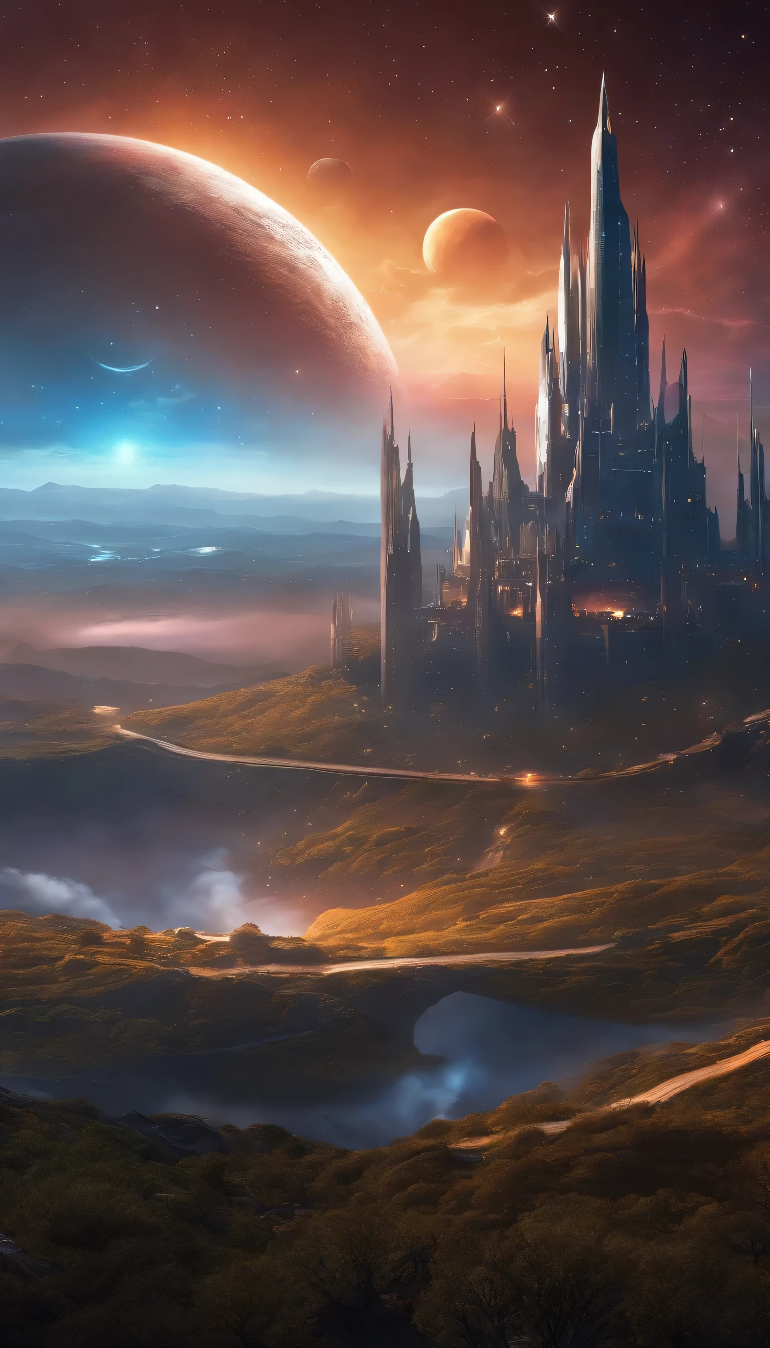 shooting stars、Planet with starry sky and distant fantasy city and tower, epic fantasy sci fi illustration, Fantasy Planet, arstation and beeple highly, Fantasy space, Fantasy Sci-Fi, epic scifi fantasy art, epic dreamlike fantasy landscape, ethereal starlit city at sunset, impressive fantasy landscape, sci-fi fantasy wallpaper, Magnificent beautiful space sci-fi, Fantasy Sci-Fi - Fantasy