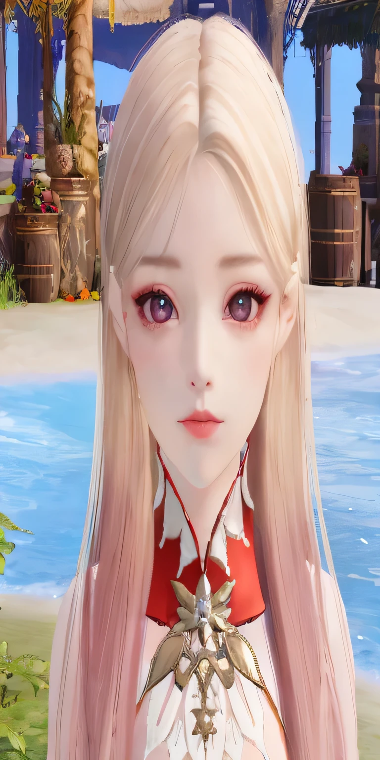 Blonde girl with long hair and a red and white dress, pale milky white porcelain skin, mit sehr detailliertem Gesicht, pale porcelain white skin, detailed white long hair, Nahaufnahme Charakter, 8k hochdetailliertes Gesicht, Lineage 2 Revolution-Stil, rosafarbenes Twintail-Haar und cyanfarbene Augen, Character up close, pale snow-white skin, porcelain white skin