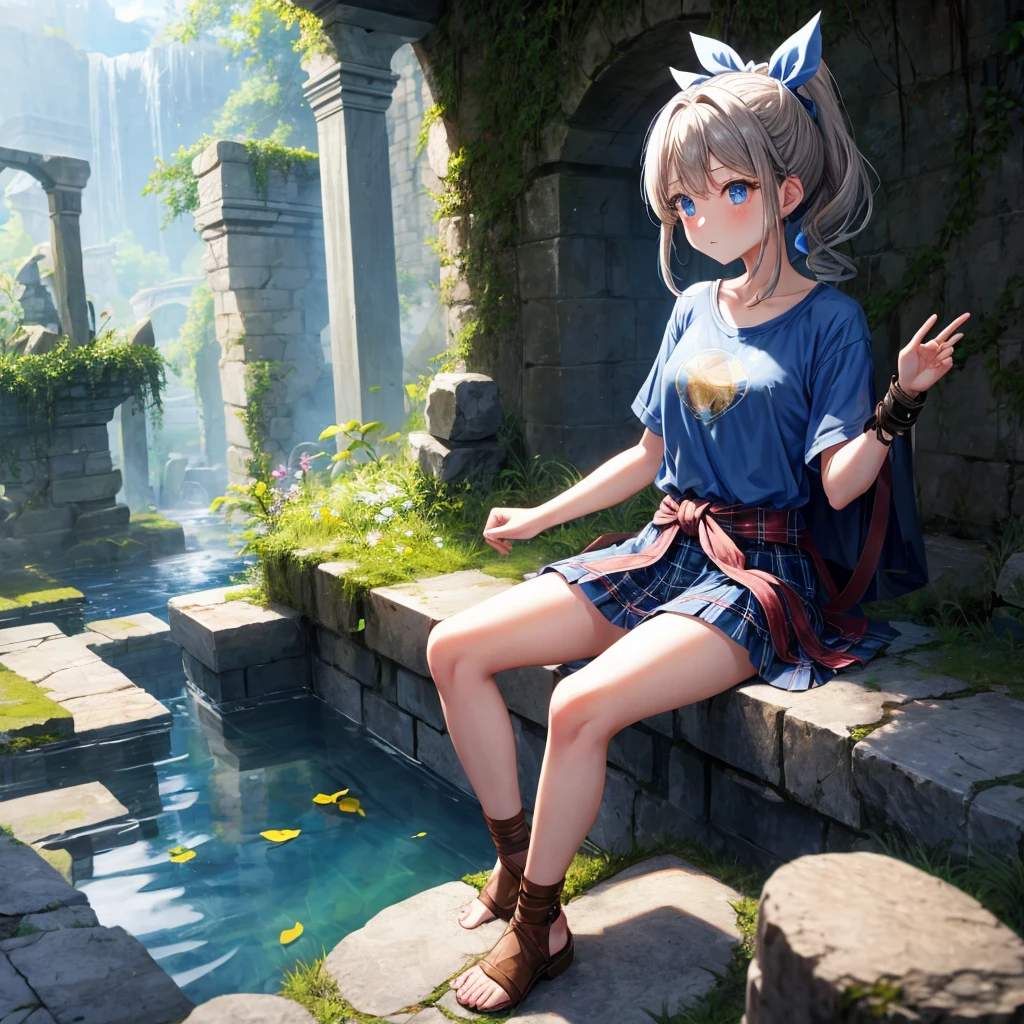patina hair、blue eyes、Braid、ponytail、one good looking girl、solo、anime、Plaid miniskirt、camisole、black t-shirt、Tilting your face、Doing the ribbon、Ribbon at waist、broken stone steps、ruins、tunnel、Fallen leaves、Light and shadow、Raising legs、cloak、the ground is cracked、Shortness of breath、Meteor、sitting on a stone、Crystal Grotto