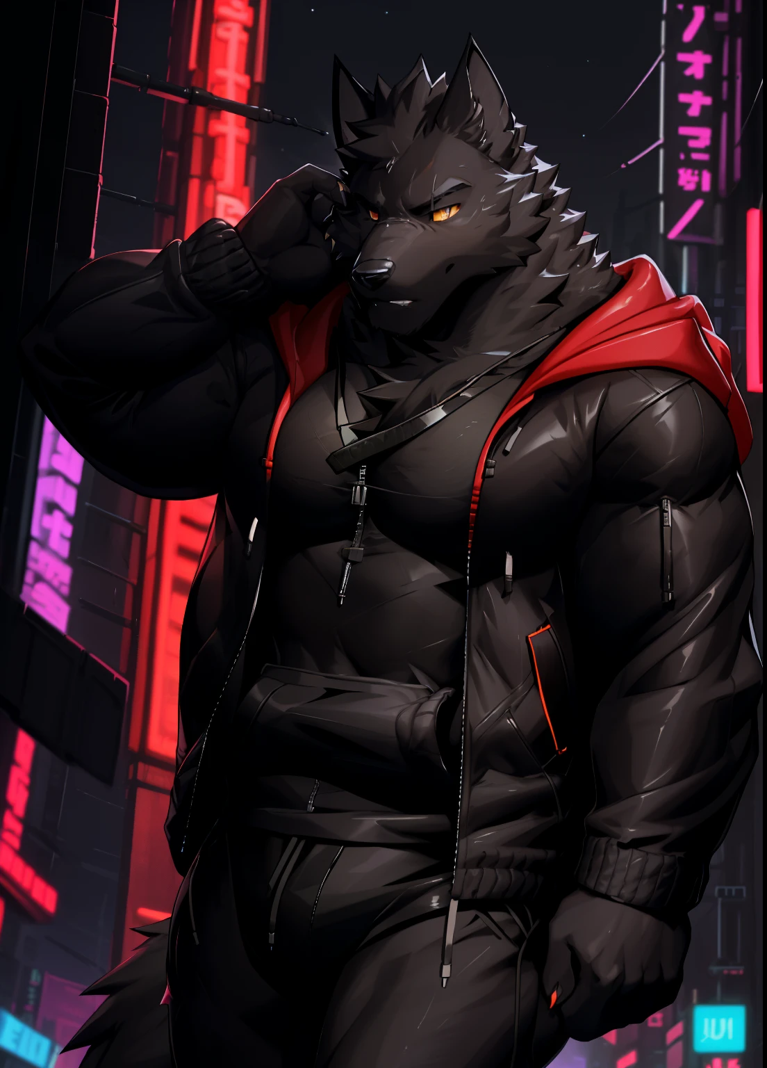 Black Wolf Orcs, alone, looking at the audience, shirt, 1 boy, jacket, male focus, open clothes, hood, black shirt, hoodie, muscular, chest muscles, muscular male, only, hooded jacket, sharp nails, night city, neon, Futuristic, black fur