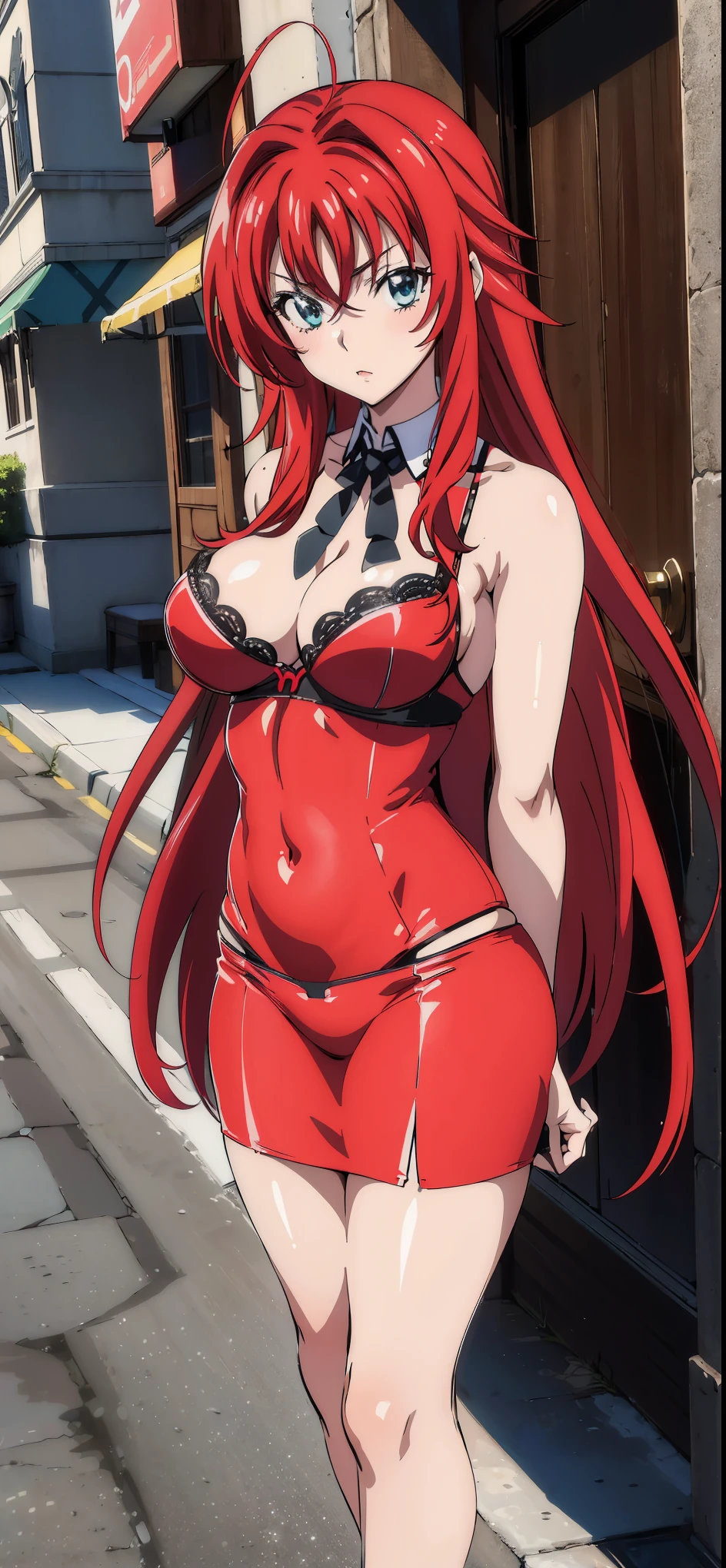 (((picture perfect))), (absurdres), 1girl, solo, rias gremory, bra, looking at viewer, blushed, ultra-detailed eyes, healthy skin, medium breasts. Standing,  street, sleeveless, brutal and dominant.