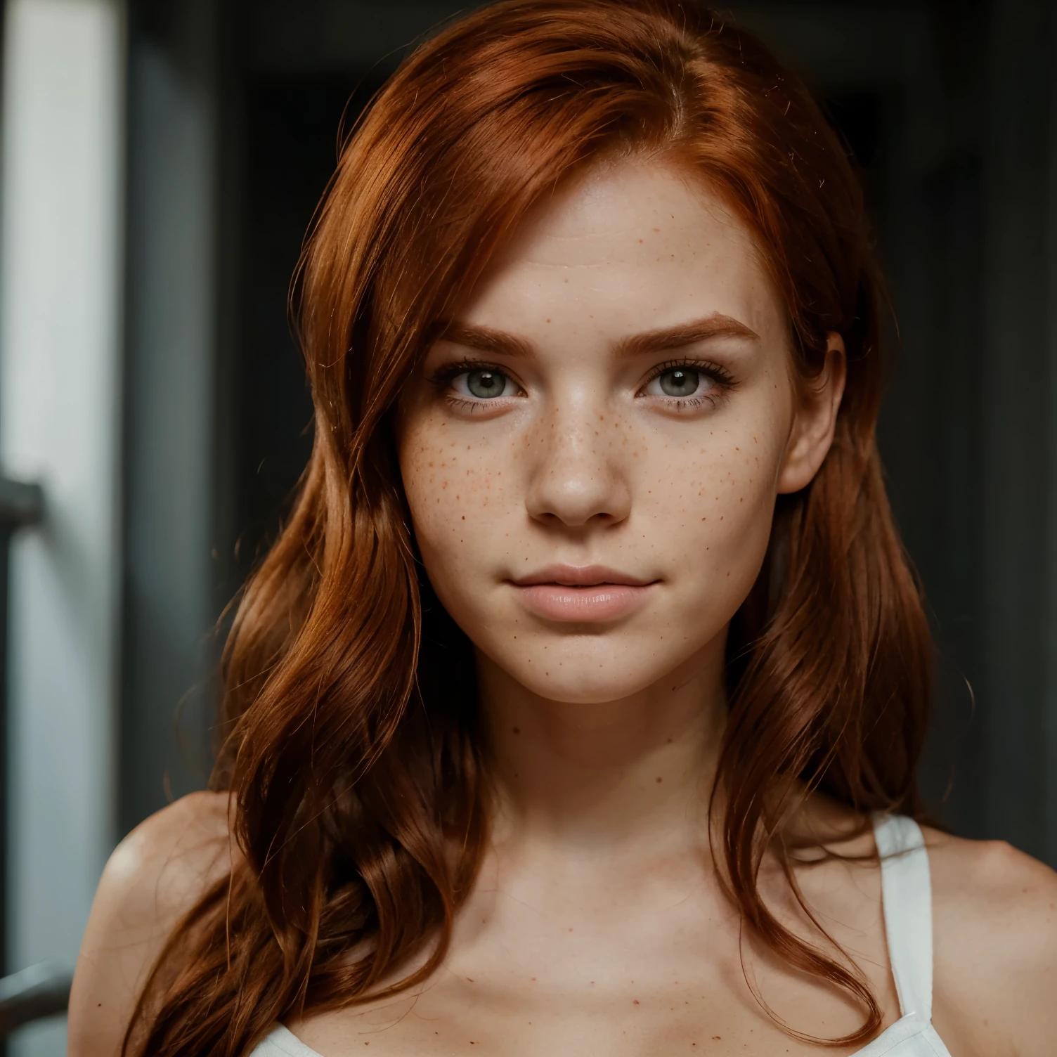creates the face of a 20 year old girl, ((portrait)), blue eyes, thin eyebrows, no freckles, big red lips, smiling and sexy look, Danish and Spanish mixed race, (wavy red hair, red to crimson gradient, red hair roots), very tall and athletic, big breasts, looking directly at the camera, in the foreground, UHD, wearing sexy dress, slight cleavage, is a Instagram influencer