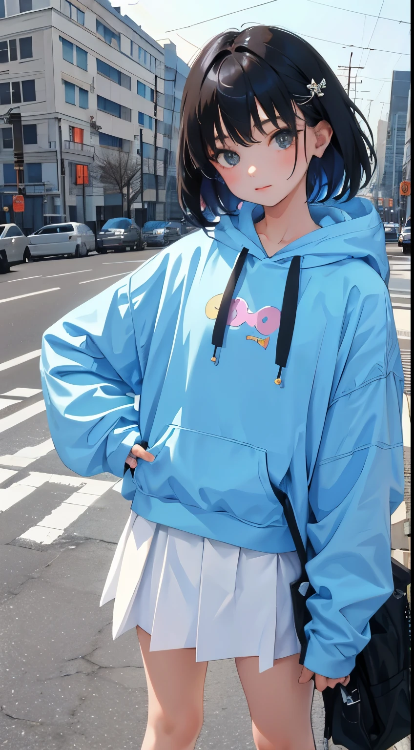 (short cute girl,small young student,young delicate girl),(masterpiece,Top quality),Pastel hoodies,black hair,snowfield
