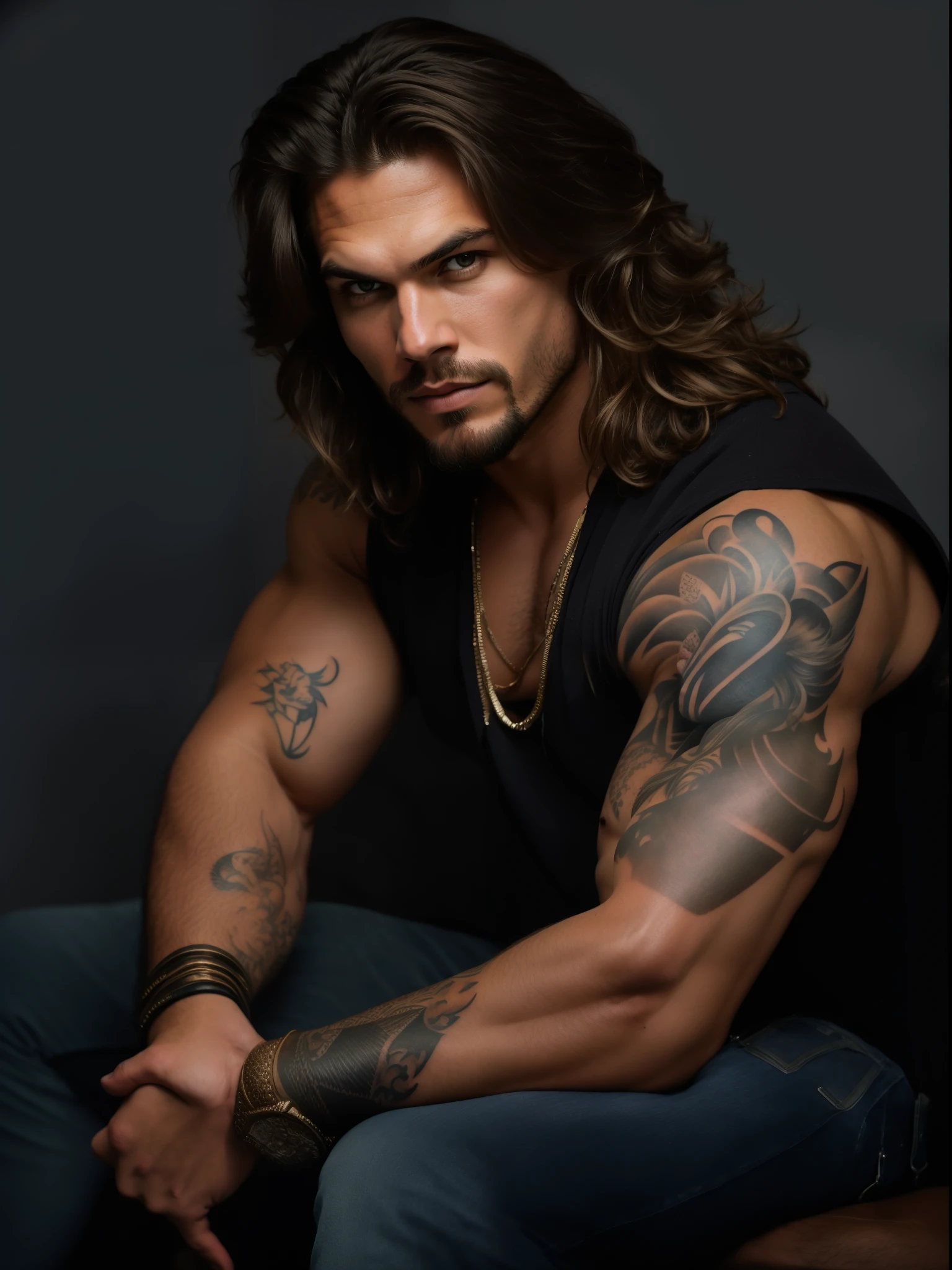 a close up of a man with long hair and tattoos, inspired by Jorge Jacinto, handsome male, masculine and handsome, strong masculine features, attractive male, jereme momoa as tarzan, gorgeous woman, attractive male with armor, handsome and attractive, handsome man, sexy masculine, attractive beefy male with armor, by derek zabrocki, profile shot, with tattoos