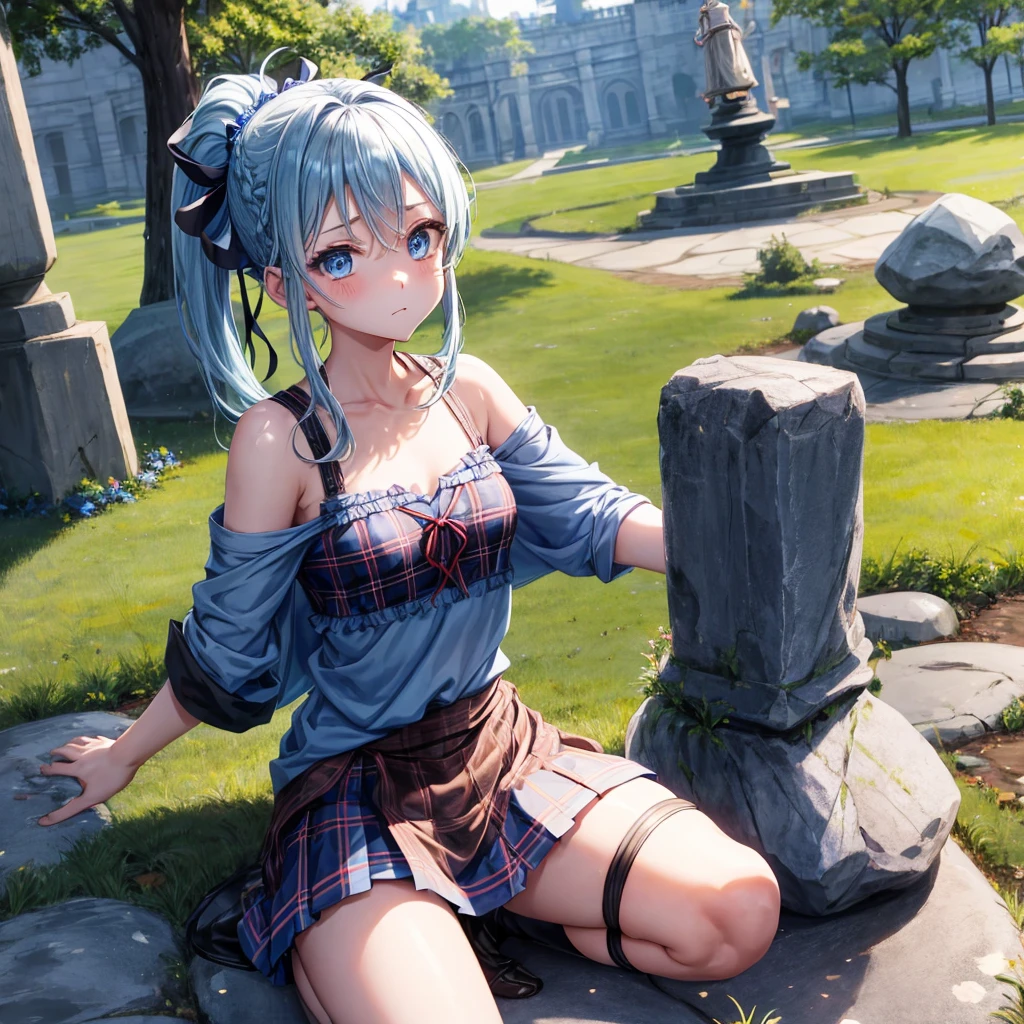 patina hair、blue eyes、Braid、ponytail、one good looking girl、solo、anime、Plaid miniskirt、camisole、black t-shirt、Tilting your face、Doing the ribbon、Ribbon at waist、Raising legs、cloak、the ground is cracked、Shortness of breath、Meteor、sitting on a stone、Crystal Grotto