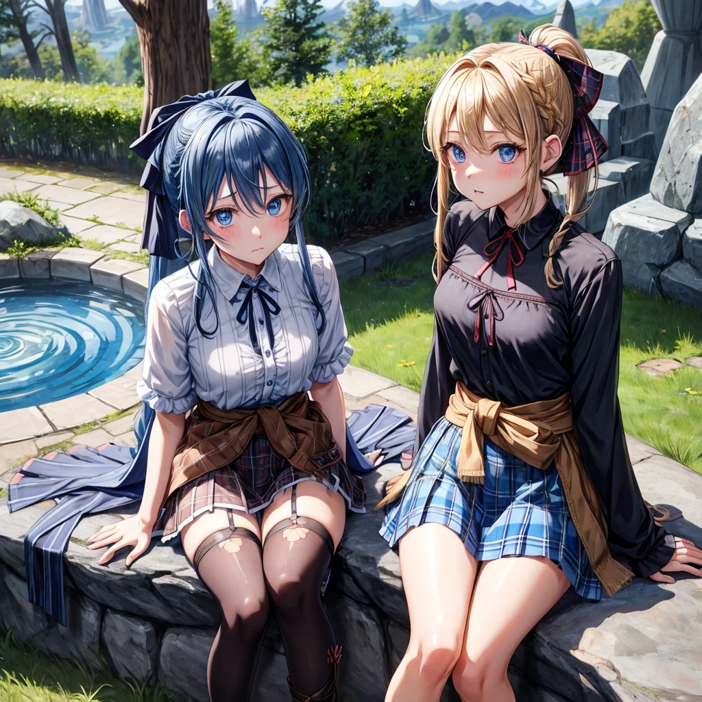 patina hair、blue eyes、Braid、ponytail、one good looking girl、solo、anime、Plaid miniskirt、camisole、black t-shirt、Tilting your face、Doing the ribbon、Ribbon at waist、Raising legs、cloak、the ground is cracked、Shortness of breath、Meteor、sitting on a stone、Crystal Grotto