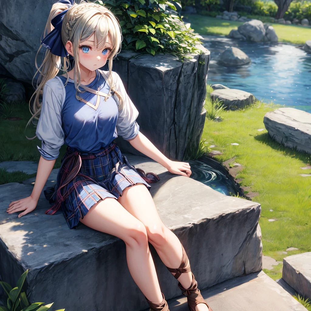 patina hair、blue eyes、Braid、ponytail、one good looking girl、solo、anime、Plaid miniskirt、camisole、black t-shirt、Tilting your face、Doing the ribbon、Ribbon at waist、Raising legs、cloak、the ground is cracked、Shortness of breath、sitting on a stone、Crystal Grotto