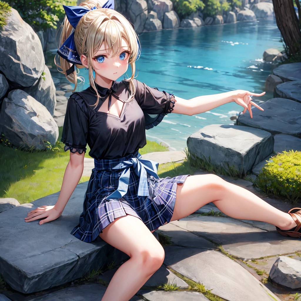patina hair、blue eyes、Braid、ponytail、one good looking girl、solo、anime、Plaid miniskirt、camisole、black t-shirt、Tilting your face、Doing the ribbon、Ribbon at waist、Raising legs、cloak、the ground is cracked、Shortness of breath、sitting on a stone、Crystal Grotto