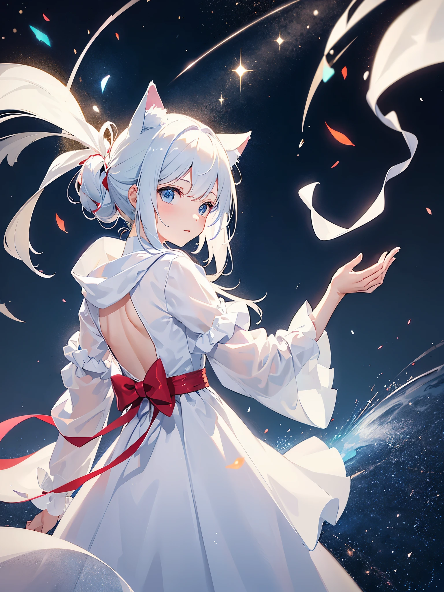 girl with cat ears(Pure and beautiful),Mythical texture。 Wearing a transparent dress in white silk(White in red,Key points reflected)Expression setting joy,infatuation 。Action settings:in a standing posture,Turn around and look back at the camera(dream) Official image quality。Background settings:Rivers connect to the Milky Way
