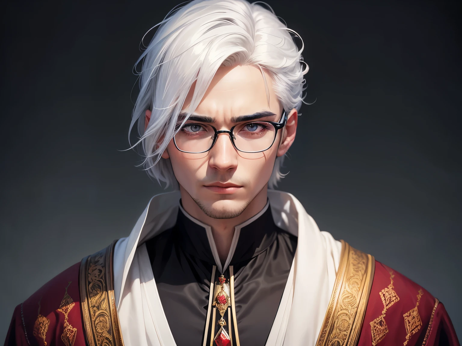 A young man with glasses, a serious expression, and white hair is portrayed in this high-quality, realistic portrait. Dressed in a white robe with a center parting, he gives off a pious and holy aura. The focus is on his detailed facial features, particularly his expressive eyes, defined eyebrows, and well-defined lips. The vibrant colors used in this artwork, complemented by dramatic lighting, create a visually striking composition. This portrait exhibits the art style of portrait painting, capturing the essence of the subject with vivid colors and realistic detailing. The overall color tone is carefully chosen to convey a sense of depth and emotion, enhancing the impact of the image.