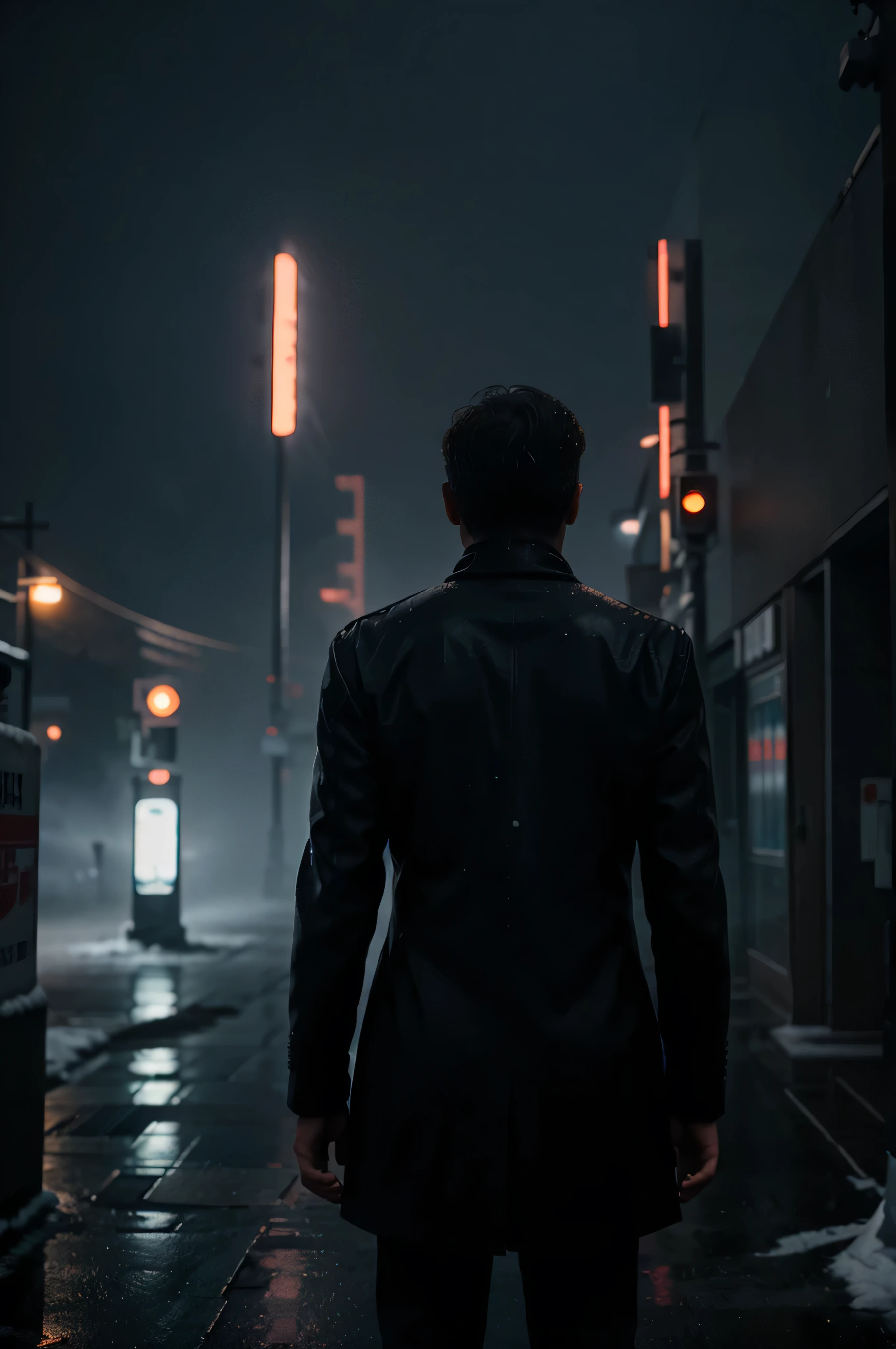 a man standing alone in the middle of seoul, blade runner, antipodeans, Elsa Bleda, from_behind, with pistol, foggy, snowing