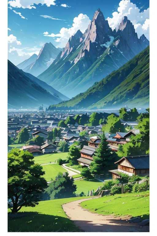 landscape, anime style, countryside, with mountains and clouds in the background.  