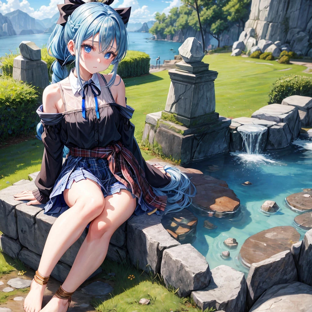 patina hair、blue eyes、Braid、ponytail、one good looking girl、solo、anime、Plaid miniskirt、camisole、black t-shirt、Tilting your face、Doing the ribbon、Ribbon at waist、Raising legs、cloak、the ground is cracked、Shortness of breath、Meteor、sitting on a stone、Crystal Grotto