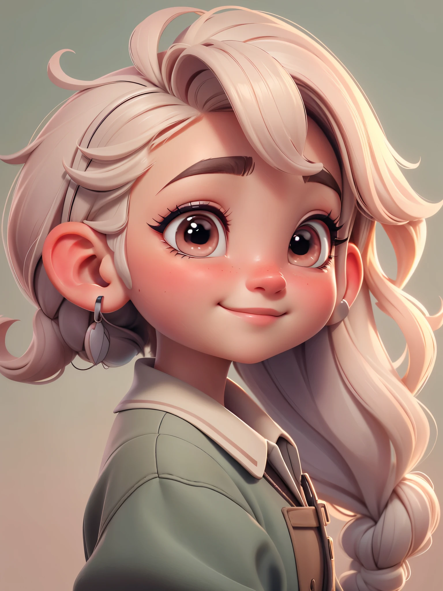 Close-up of portrait of 1 girl，facial close-up，school uniform，Expose your ears，(((Close-up ears：1.2)))，Clean ears，ears without any decoration，Right ears，correct anatomy，braided ponytail, UHD, masterpiece, high details, highres, 8k，((outdoor background))，detailed background，((cute chibi style))，long eyelashes and rosy cheeks，Happy，from side，Character side，