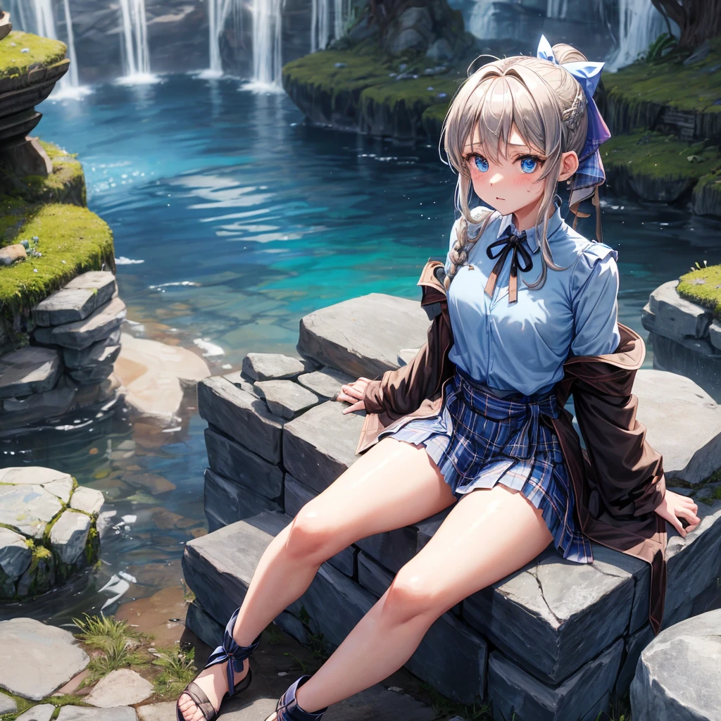patina hair、blue eyes、Braid、ponytail、one good looking girl、solo、anime、Plaid miniskirt、camisole、black t-shirt、Tilting your face、Doing the ribbon、Ribbon at waist、Raising legs、cloak、the ground is cracked、Shortness of breath、Meteor、sitting on a stone、Crystal Grotto