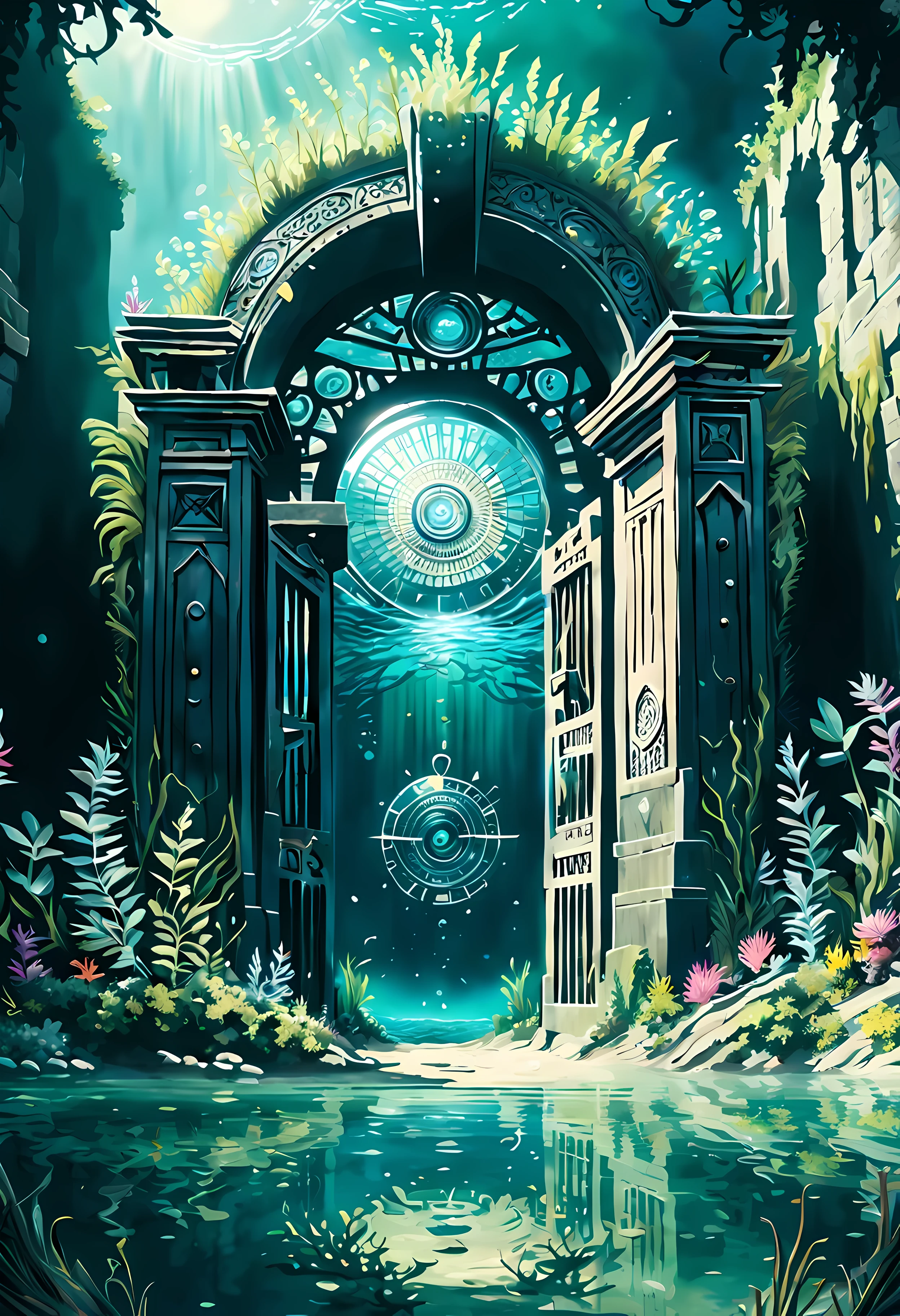 ((A view of mysterious gate hidden underwater):1.3), ((crystal clear water lake):1.2), ((the gate looks forgotten and abandoned):1.2), ((the gate is portal of time and space):1.3), ((other side of the gate is time travel vortex):1.5), mysterious gate surrounded by underwater plants, each plants detailed and rendered with a masterful gouache technique, surrounded by mysterious atmosphere of light and shadow art, ((crystal clear water):1.1), abandoned environment, subtly illuminate, time travel art behance, surreal, its beauty and strength captured, It gives a mysterious aura. | (((intricate detail:1.4))), (((extremely insane detail:1.4))),(((highest quality:1.3))), (((Soft colors 4k highly detailed digital art:1.3))).