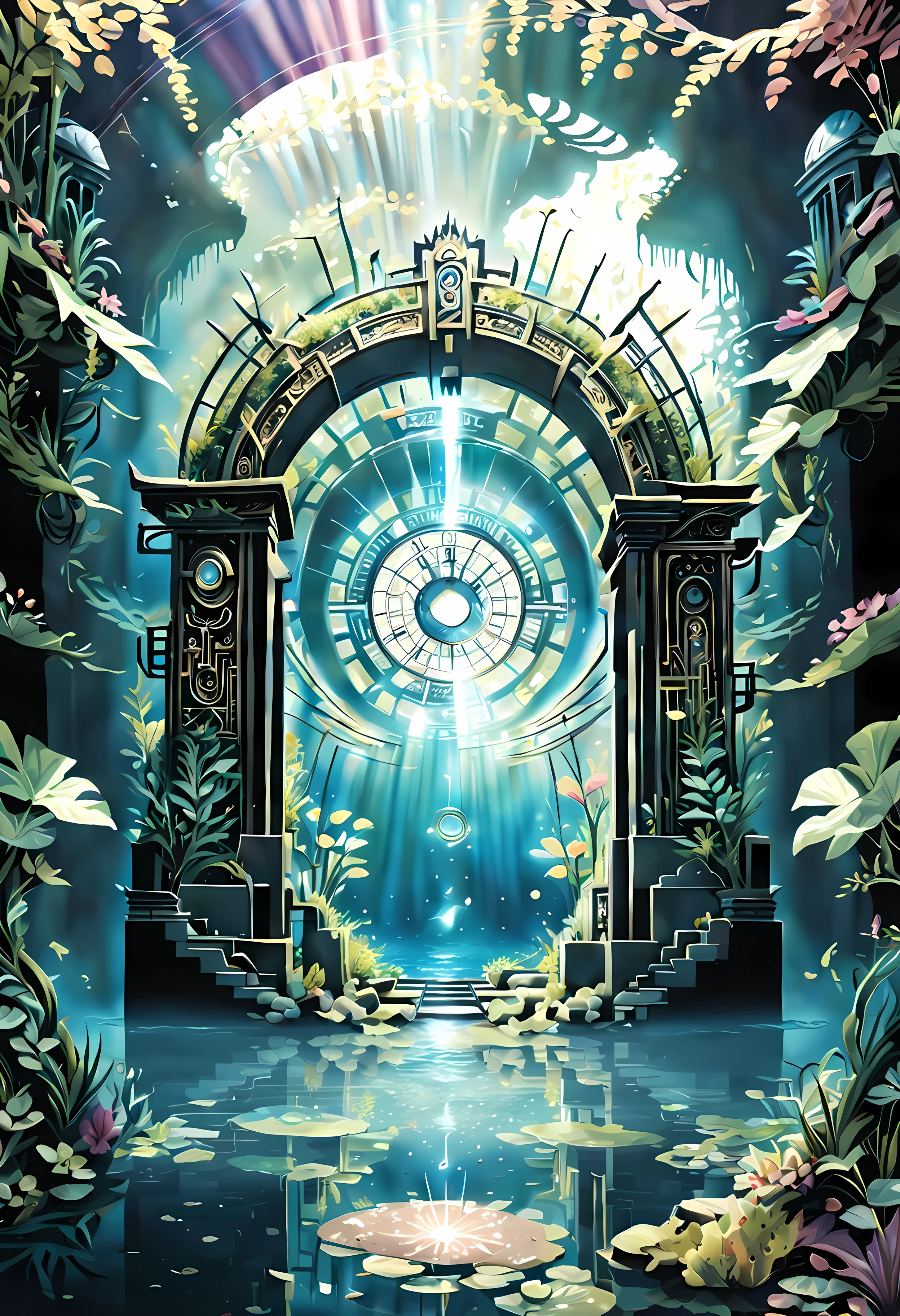 ((A view of mysterious gate hidden underwater):1.3), ((crystal clear water lake):1.2), ((the gate looks forgotten and abandoned):1.2), ((the gate is portal of time and space):1.3), ((other side of the gate is time travel vortex):1.5), mysterious gate surrounded by underwater plants, each plants detailed and rendered with a masterful gouache technique, surrounded by mysterious atmosphere of light and shadow art, ((crystal clear water):1.1), abandoned environment, subtly illuminate, time travel art behance, surreal, its beauty and strength captured, It gives a mysterious aura. | (((intricate detail:1.4))), (((extremely insane detail:1.4))),(((highest quality:1.3))), (((Soft colors 4k highly detailed digital art:1.3))).