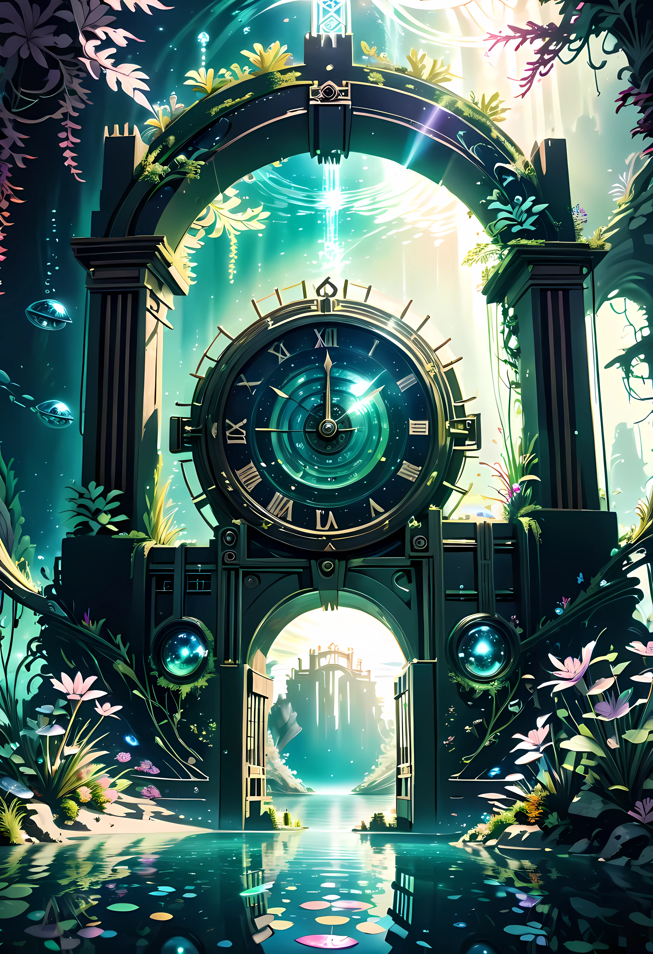 ((A view of mysterious gate hidden underwater):1.3), ((crystal clear water lake):1.2), ((the gate looks forgotten and abandoned):1.2), ((the gate is portal of time and space):1.3), ((other side of the gate is time travel vortex):1.5), mysterious gate surrounded by underwater plants, each plants detailed and rendered with a masterful gouache technique, surrounded by mysterious atmosphere of light and shadow art, ((crystal clear water):1.1), abandoned environment, subtly illuminate, time travel art behance, surreal, its beauty and strength captured, It gives a mysterious aura. | (((intricate detail:1.4))), (((extremely insane detail:1.4))),(((highest quality:1.3))), (((Soft colors 4k highly detailed digital art:1.3))).