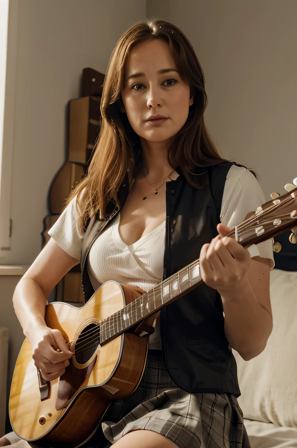 ((Jennifer Ehle)), 25 years, light brown hair, ((wearing a stay vest and skirt)), large bust, cleavage, sunny room (((playing guitar))), accurate guitar structure, 8k, RAW, Kodak