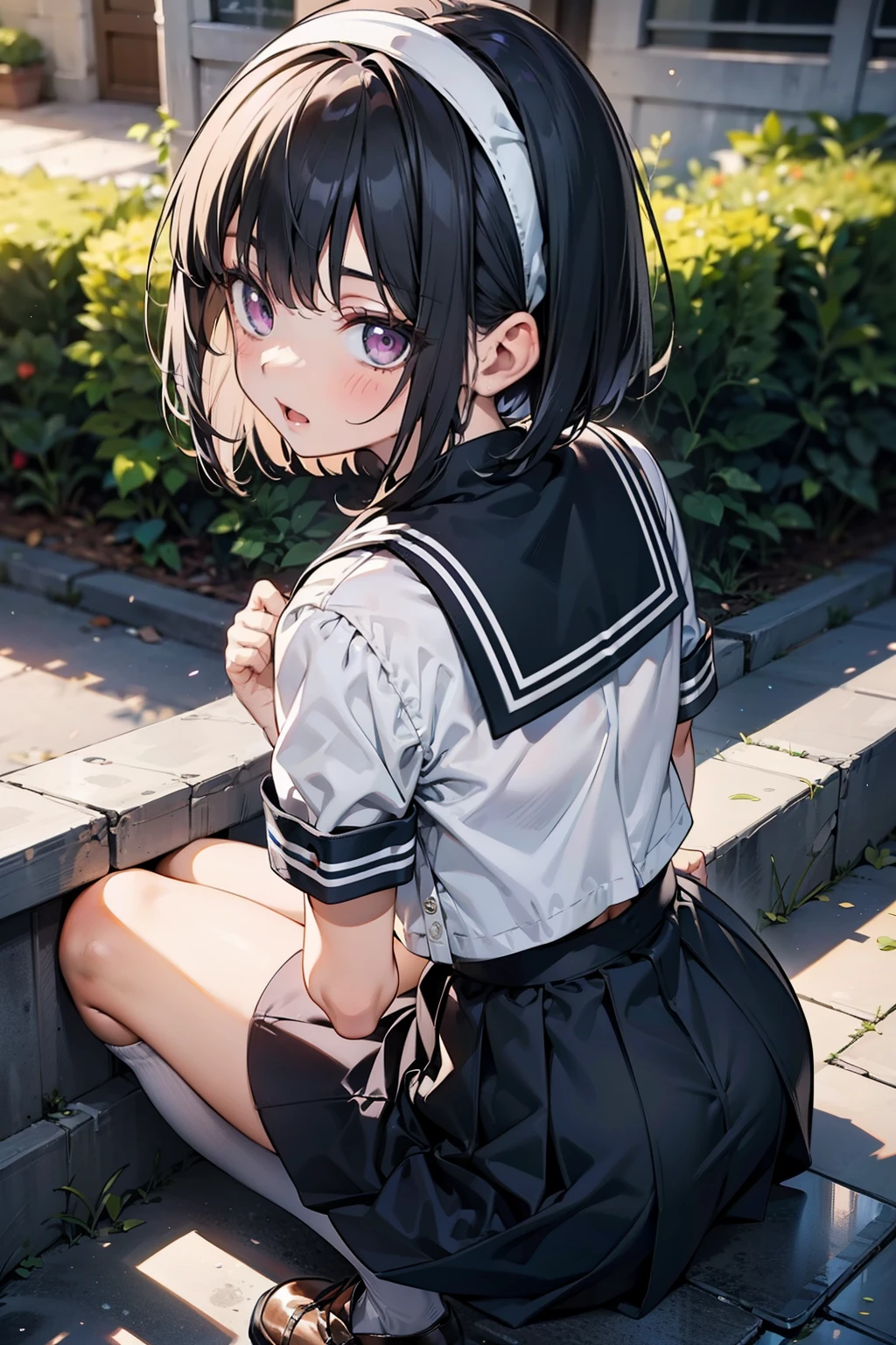 body 8 times longer than head, (Highly detailed CG unity 8k), (highest quality)，(very detailed)，(ultra high resolution), black hair, High school girl wearing a navy sailor suit, Anime 2D rendering, realistic young anime high school girl, ((White headband)), purple eyes, small breasts, tall, slanted eyes, (school scenery), black stockings, bright color, open your mouth, Dark blue skirt, bob cut, position looking down from above, tripping on the right foot, lean forward, bend your knees, sit, Put your butt on the ground,  pose of looking back, 