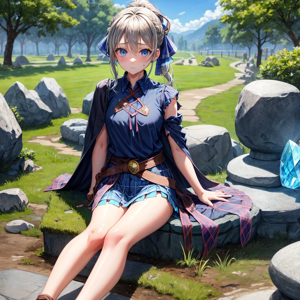 patina hair、blue eyes、Braid、ponytail、one good looking girl、solo、anime、Plaid miniskirt、camisole、black t-shirt、Tilting your face、Doing the ribbon、Ribbon at waist、Raising legs、cloak、the ground is cracked、Shortness of breath、Meteor、sitting on a stone、Crystal Grotto