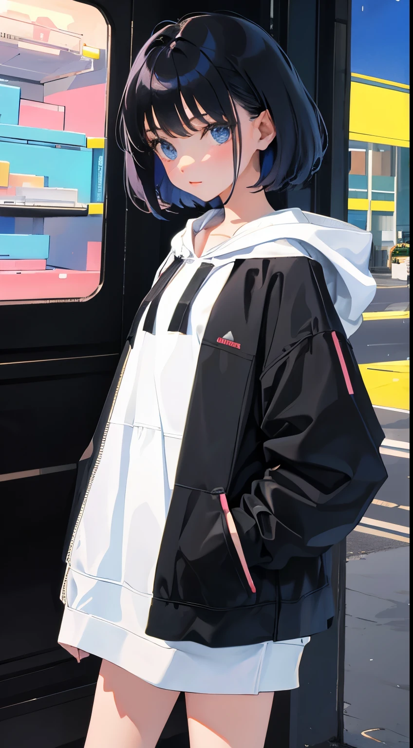(short cute girl,small young student,young delicate girl),(masterpiece,Top quality),Pastel hoodies,black hair,snowfield