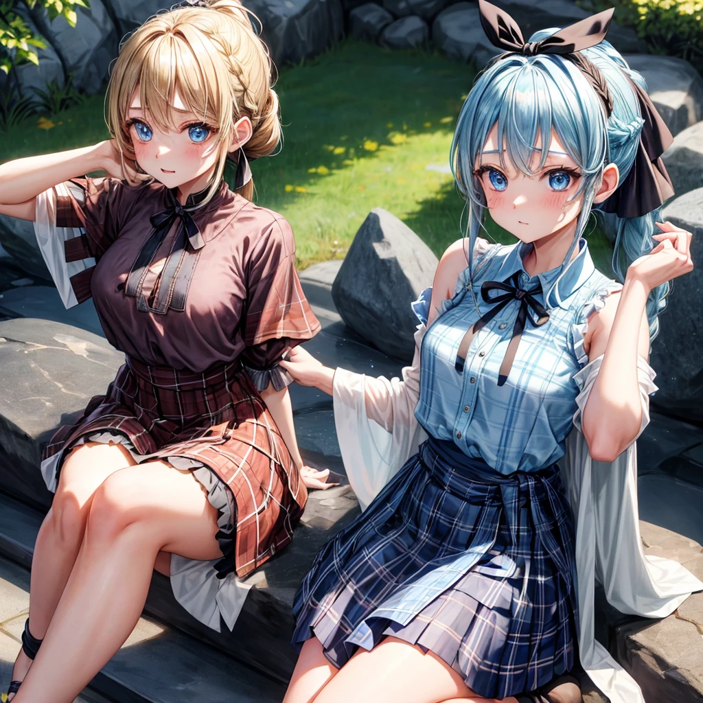 patina hair、blue eyes、Braid、ponytail、one good looking girl、solo、anime、Plaid miniskirt、camisole、black t-shirt、Tilting your face、Doing the ribbon、Ribbon at waist、Raising legs、cloak、the ground is cracked、Shortness of breath、Meteor、sitting on a stone、Crystal Grotto
