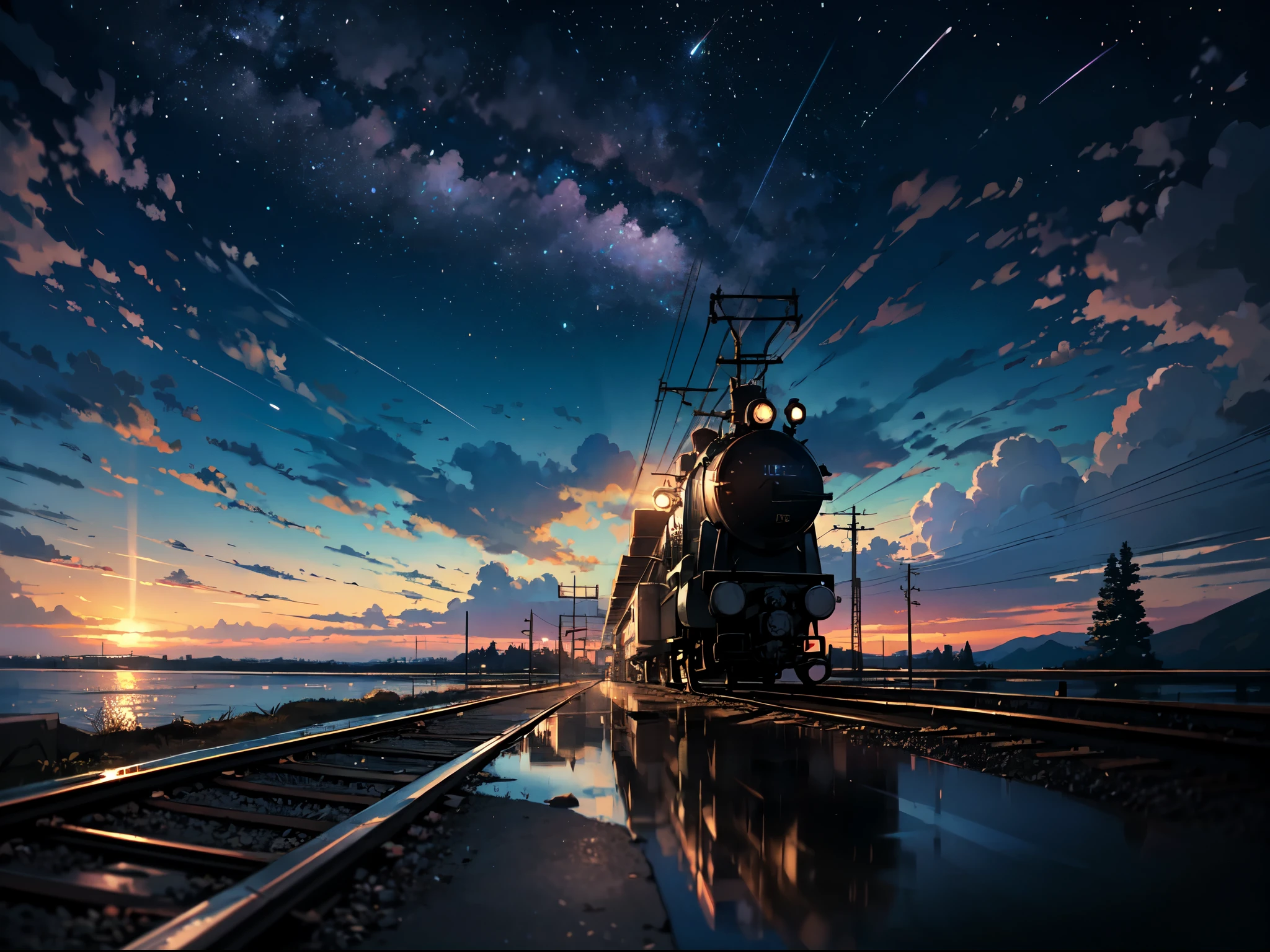 High quality masterpiece, landscape, anime train passing through bodies of water on tracks, bright starry sky. Romantic train, pixiv, concept art, lofi art style, reflection. by Makoto Shinkai, lofi art, Beautiful anime scene, Anime landscape, detailed scenery —width 672, in style of Makoto shinkai, style of Makoto shinkai, enhanced details.