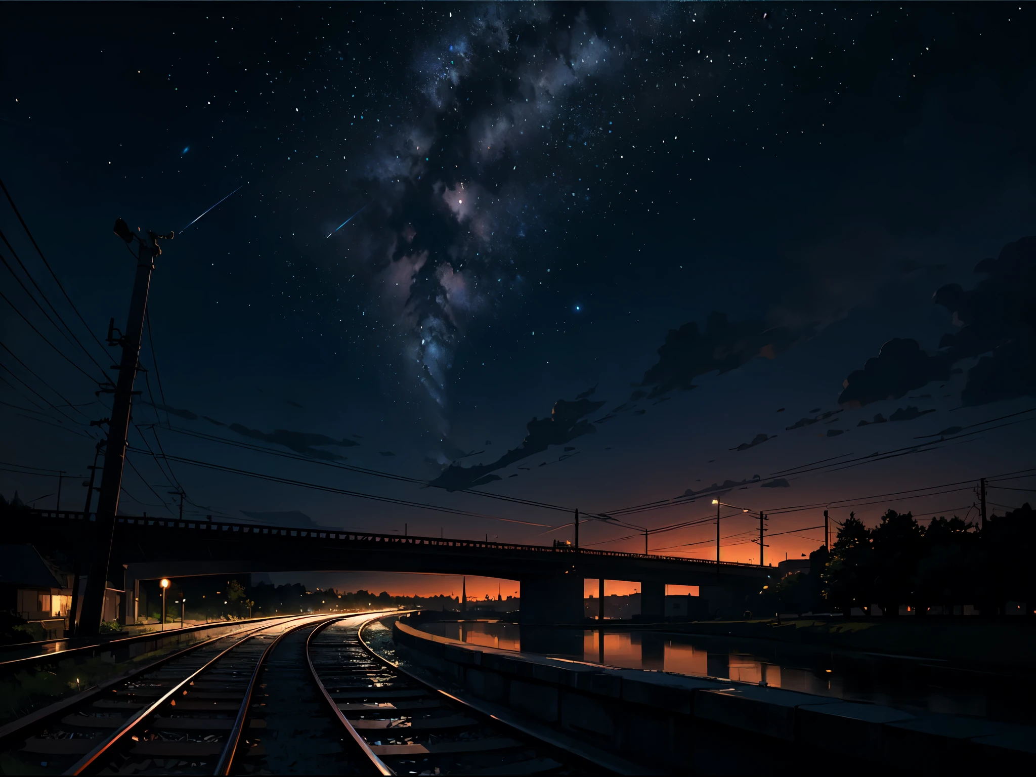 High quality masterpiece, landscape, anime train passing through bodies of water on tracks, bright starry sky. Romantic train, pixiv, concept art, lofi art style, reflection. by Makoto Shinkai, lofi art, Beautiful anime scene, Anime landscape, detailed scenery —width 672, in style of Makoto shinkai, style of Makoto shinkai, enhanced details.
