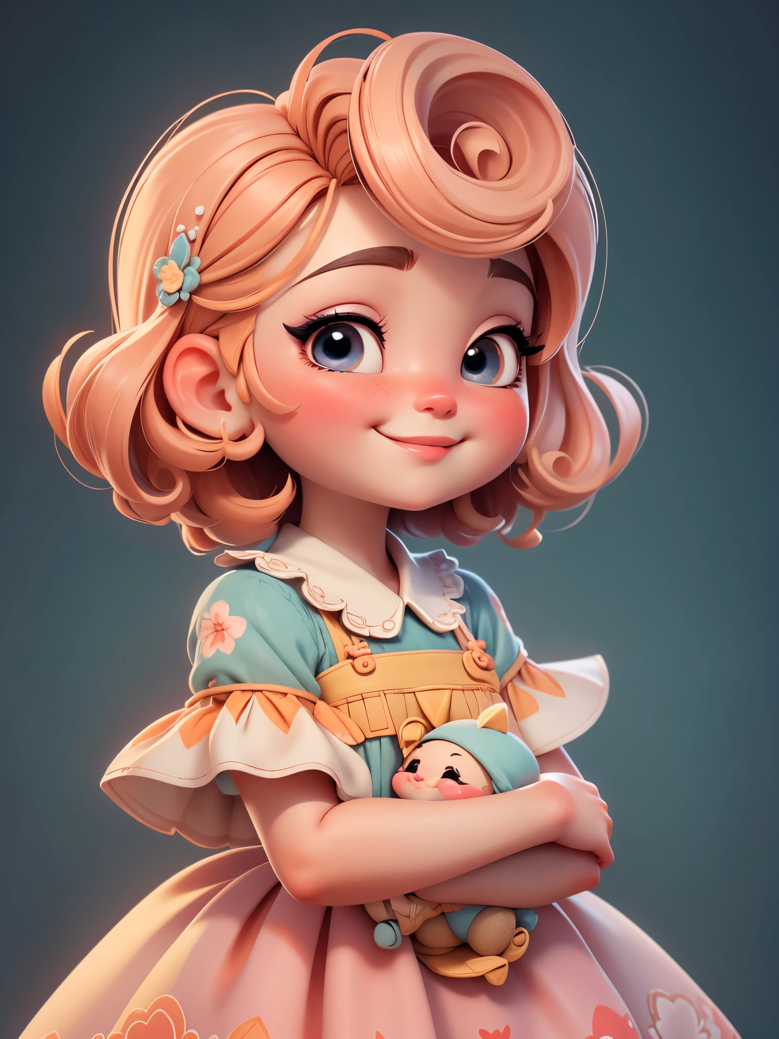 Portrait close-up,facial close-up(Shoulders to head),Create a collection of adorable chibi style dolls,Each with tons of detail and 8K resolution,((chin grab))((Lift your chin:1.2)),smiley, smirk, puckered lips, (masterpiece: 1.2), (best quality),Close-up eyes,Solid background pattern, orange short hair,Qi bangs,long eyelashes and rosy cheeks,Delicate long dress,(happy),Happy,happy, (exquisite eyes) (sharp focus),Colorful details and charming decor, Happy,