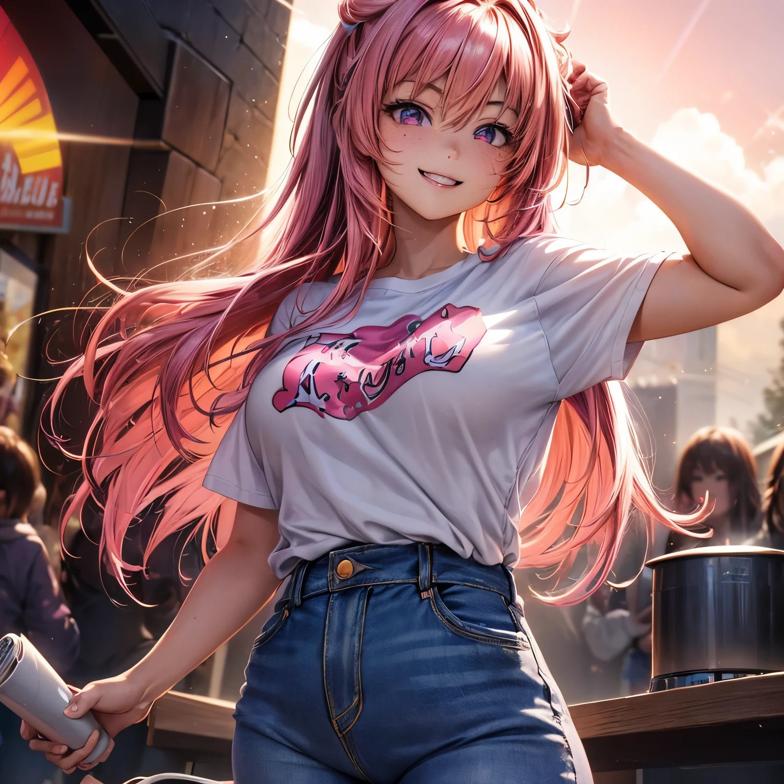 anipoma1,(masterpiece, best illustration, best manga), solo, 1girl, violet eyes, (shiny skin, soft hair), (holding a milkshake), freckles, (bright pink two tone hair:1.3), (wearing a led zepplin tshirt, denim jeans), (extreme light and shadow, volumetric lighting, rim lighting), (daylight:.5), (rainbow lights, light leak), (seductive, smirk), (solo), mangadusk1, manwha1