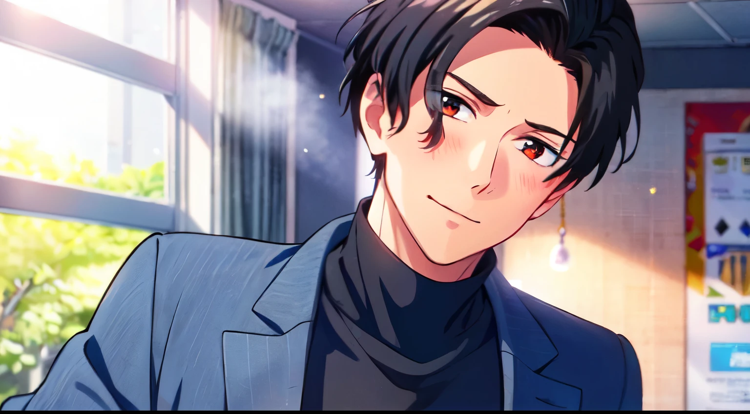 masterpiece, 1Man luci\(obeyme\) red eyes black hair, luci\(HumanWorld\), indoor, home, look at viewer, morning window, light smile, closed mouth, blush, black turtleneck, blue cardigan