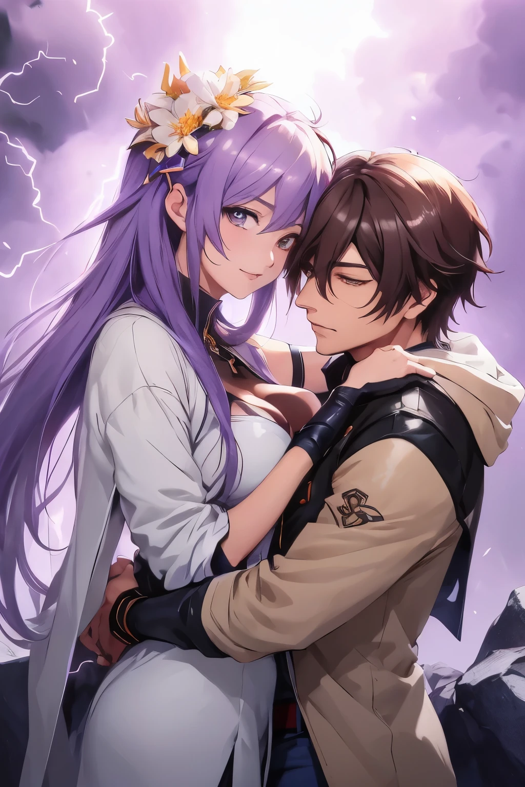 Kusanagi Kyo hugging Athena Asamyia,he is a Man,she is a Girl,white jacket, fingerless gloves, Kusanagi Kyo KoF 2002, Kusanagi Kyo have manly face, illustration,oil painting,(best quality,4k,8k,highres,masterpiece:1.2),ultra-detailed,realistic,long hair flowing,beautiful detailed eyes,gentle smile,blooming flowers,fine textures,soft sunlight,vibrant colors,subtle shadows,expressive emotions,romantic atmosphere, casal de anime se abraçando na frente de uma tempestade com raios, Sakimichan e Frank Franzzeta, gama murata e artgerm, anime foda 8k, Wlop e Sakimichan, frank franzzeta e sakimichan, Masayoshi Suto e Artgerm, artgerm e genzoman, Athena Asamyia have cute face, Athena Asamyia have ultra detailed face,