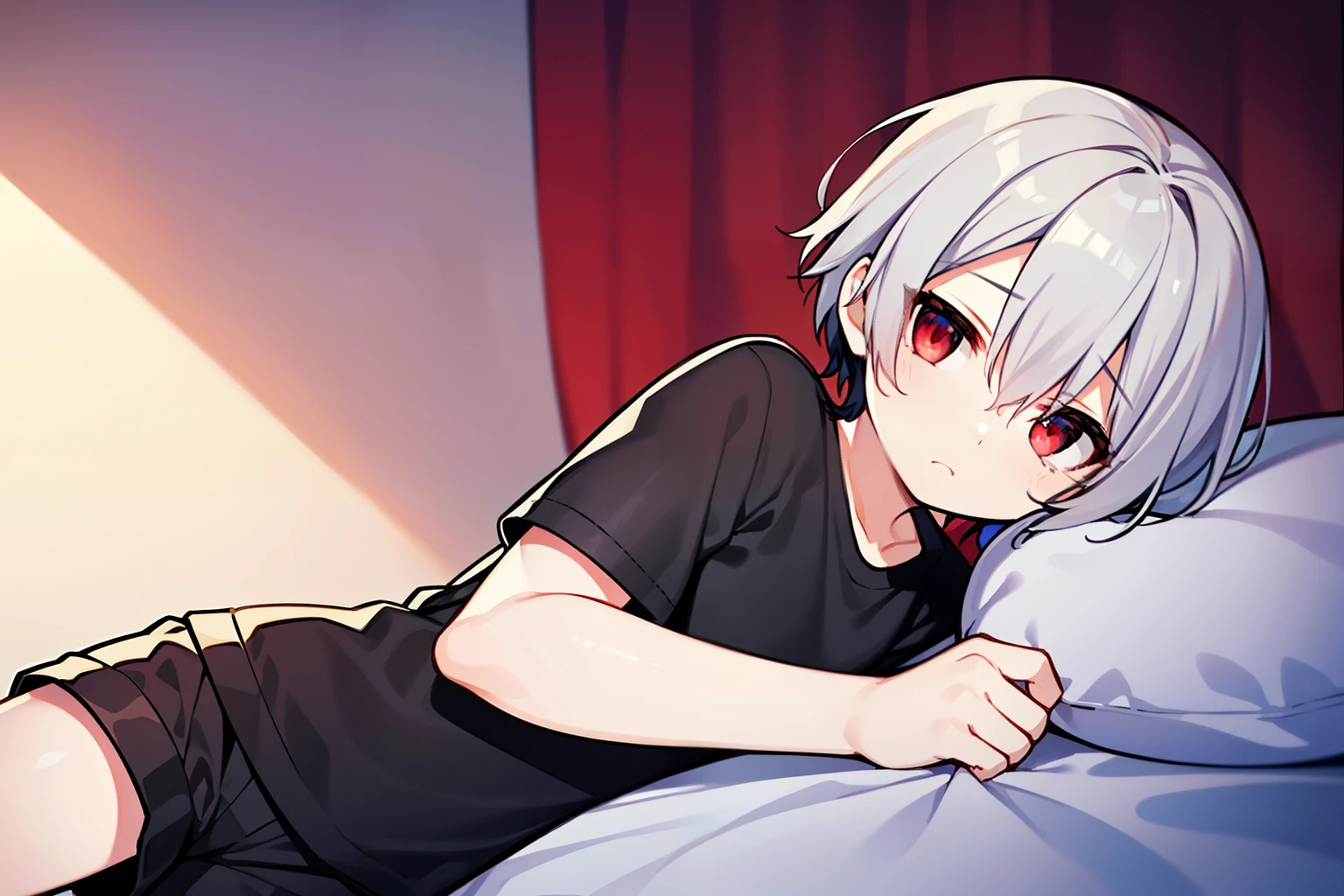 (high quality、Breathtaking)、(expressive eyes、perfect face)、Junior 1 person、solo、short、young boy、(short white hair)、((short gray hair))、red eyes、black clothes、wearing shorts、sad、on the bed