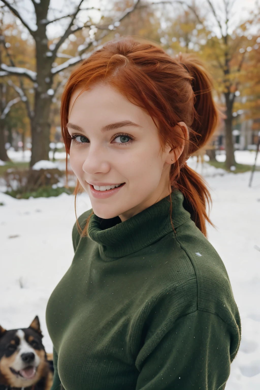 young woman with red hair, green eyes, medium size breasts, wearing tight winter clothing, playing with a dog, smiling, hair as messy ponytail, most realistic skin texture, style raw, picture taken with canon eos 3 and kodak gold 400