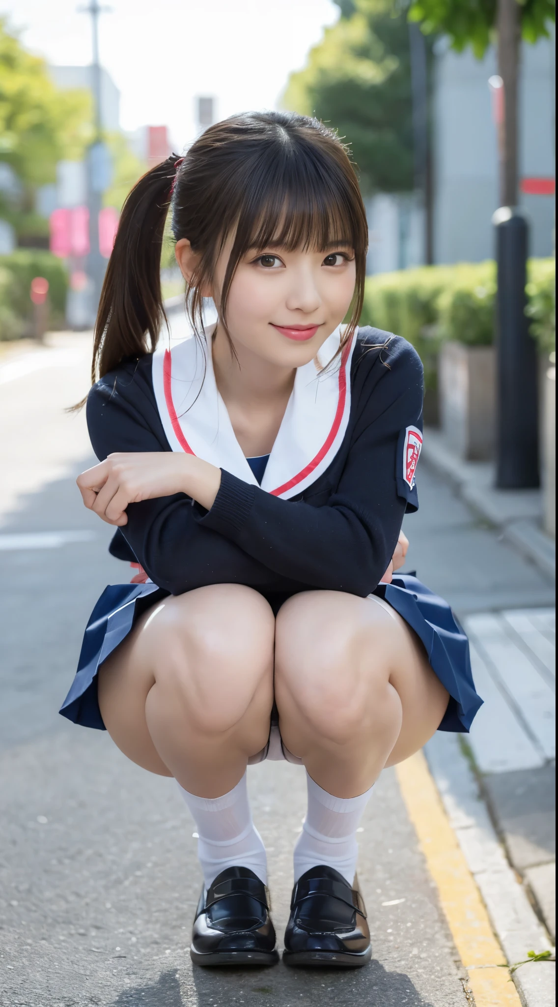 An Asian woman in a school uniform squatting on the sidewalk, realistic like手グラビアアイドル, likeくて可愛いグラビアアイドル, like手グラビアアイドル, cute女子高生, Wearing Japanese school uniform, likeい官能的なグラビアアイドル, Photo of high school girl posing, japanese girl uniform, surreal , likeい痩せたグラビアアイドル, like々cool japanese girl、Clean hands、best smile、(realistic, photo realistic:1.2), ((highest quality)), return center of gravity, pretty embarrassing, white panties, (show panties:1.4),Tight Skirt, (Panty shot:1.3), (Pull-up skirt:1.3), (squat:1.4), heels on the ground, legs spread slightly, Squat with your knees up, put your butt on the ground, black loafers, beautiful face details, real human skin, gentle expression, Front view, angle from below, realistic, photorealistic, cute, short skirt, squat deep on school grounds, cute school girl, japanese high school girl uniform, sailor suit, whole body,smile, natural smile, charming smile, enchanting smile, (looking at the viewer:1.2), From before, from below,