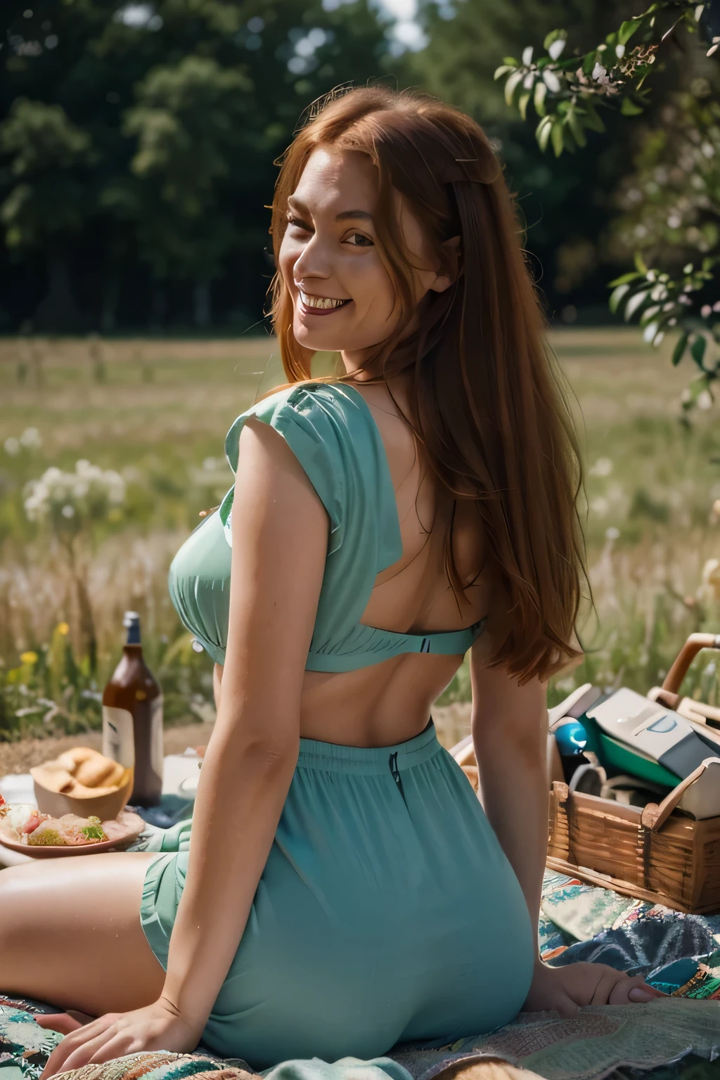Masterpiece, (((full body including feet - Back to Camera - in a field having a picnic - 1960s Mod style outfit))), (((accurate female anatomy - green eyes - D cup natural - long ginger hair - laughing))), soft lighting, colors, very detailed, dramatic lighting, digital art trending on Artstation 8k HD high definition detailed realistic, detailed, skin texture, hyper detailed, realistic skin texture, armature, best quality, ultra high res, (photorealistic:1.4), high resolution, detailed, raw photo, sharp re, nikon d850 film stock photograph 4 kodak portra 400 camera f1.6 lens rich colors hyper realistic lifelike texture dramatic lighting unrealengine trending on artstation cinestill 800, (((500px, fstoppers, photosight.ru, metart, iso noise))) (((SFW clothes)))