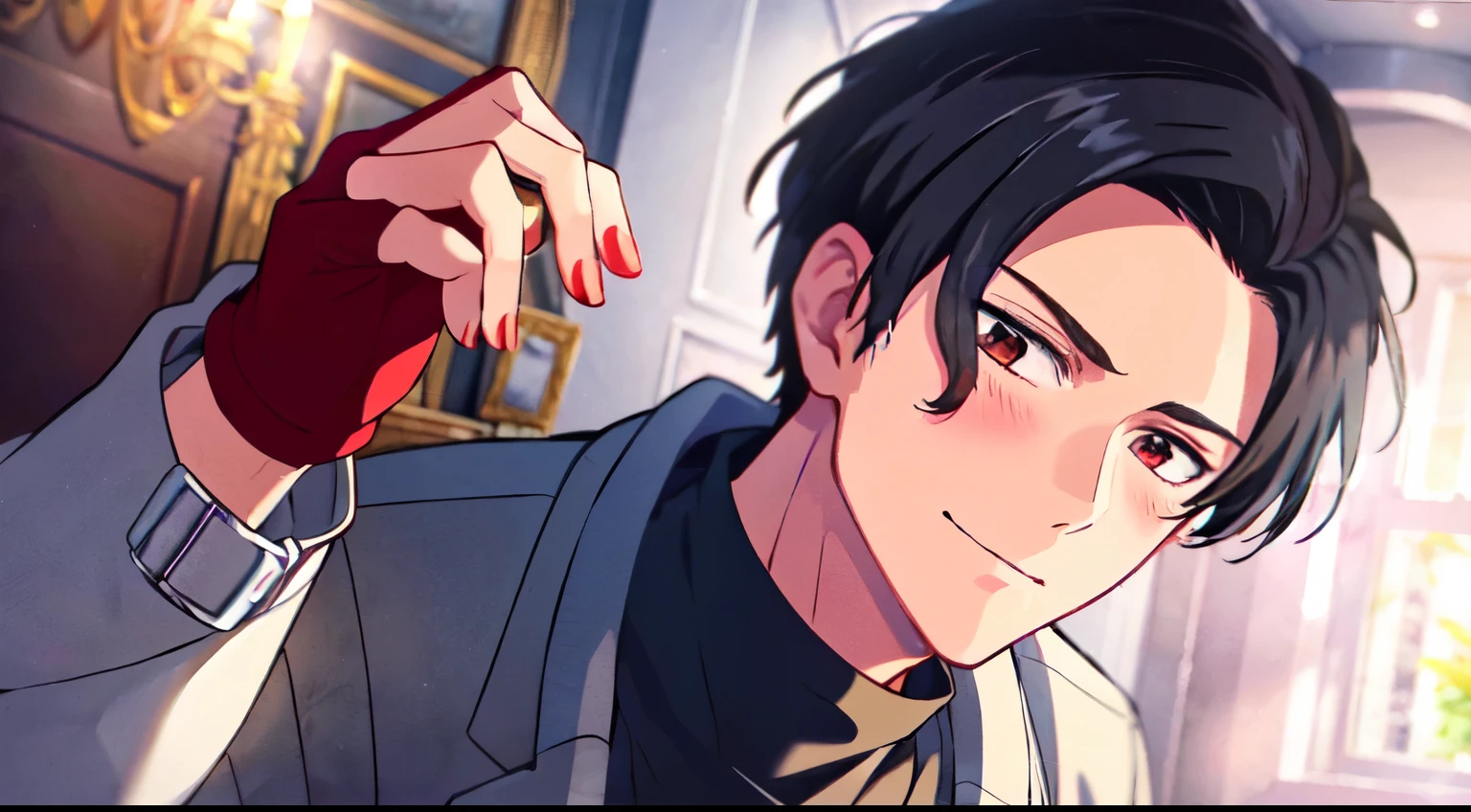 masterpiece, 1Man luci\(obeyme\) red eyes black hair, luci\(HumanWorld\), indoor, home, look at viewer, morning window, light smile, closed mouth, blush, black turtleneck, blue cardigan