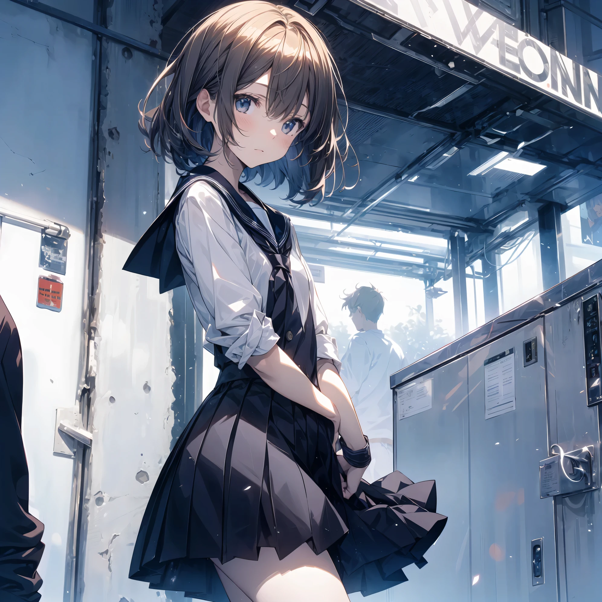 Super high quality by the art god, super detailed, High resolution, AI generated, anime moe art style, best anime 8K konachan wallpaper, pixiv contest winner, perfect anatomy, break,(眠そうにalone学校へ行く女の子を描いてください. ),break, surreal high school girl, (alone,lolita, , 13 years old:1.3),All limbs, full finger,, androgynous charm, (very short hair), messy hair, flat chest, Because I'm slender, small ass, between legs, Small black eyes, beautiful and fine eyes, Well-proportioned iris and pupils, disgusted eyes, High resolutionの詳細な髪, wearing school uniform, (skirt), On the way to school. break,super dense skin, Best lighting by famous artists, 8K, figure,UHD, rough skin