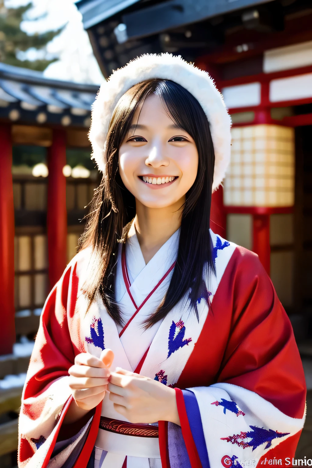 Woman in Japanese clothes , long black hair, black eye, smile at the viewer , winter, At the shrine, in the morning,