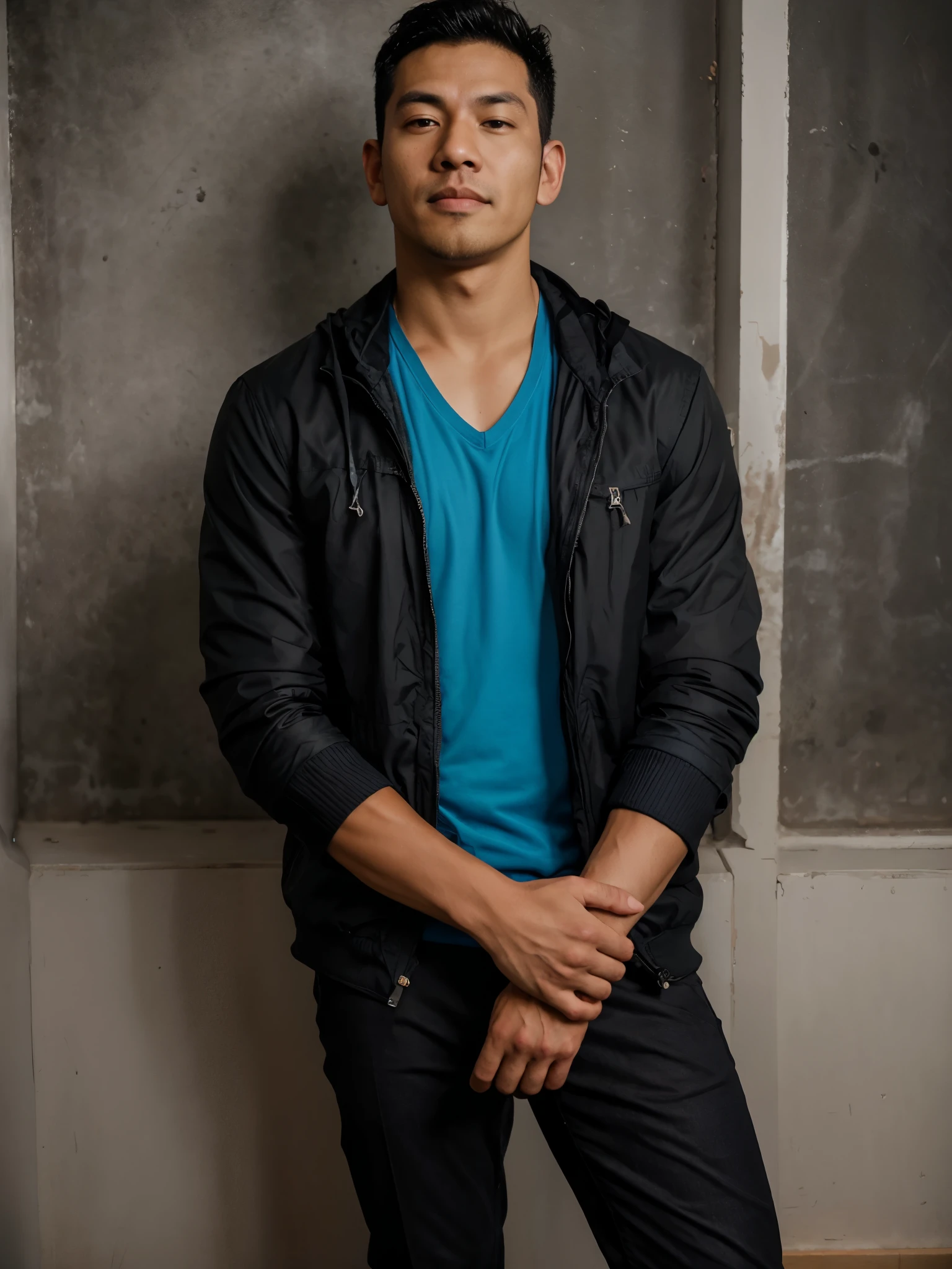 arafed man in a black jacket and blue shirt posing for a picture, full body portrait shot, tyler west, mid shot portrait, full-body-shot, profile shot, rick dai, dustin panzino, promo shot, full portrait, joe taslim, ryan dening, dark backdrop, daniel mirante, alex miranda, alex yanes, studio portrait