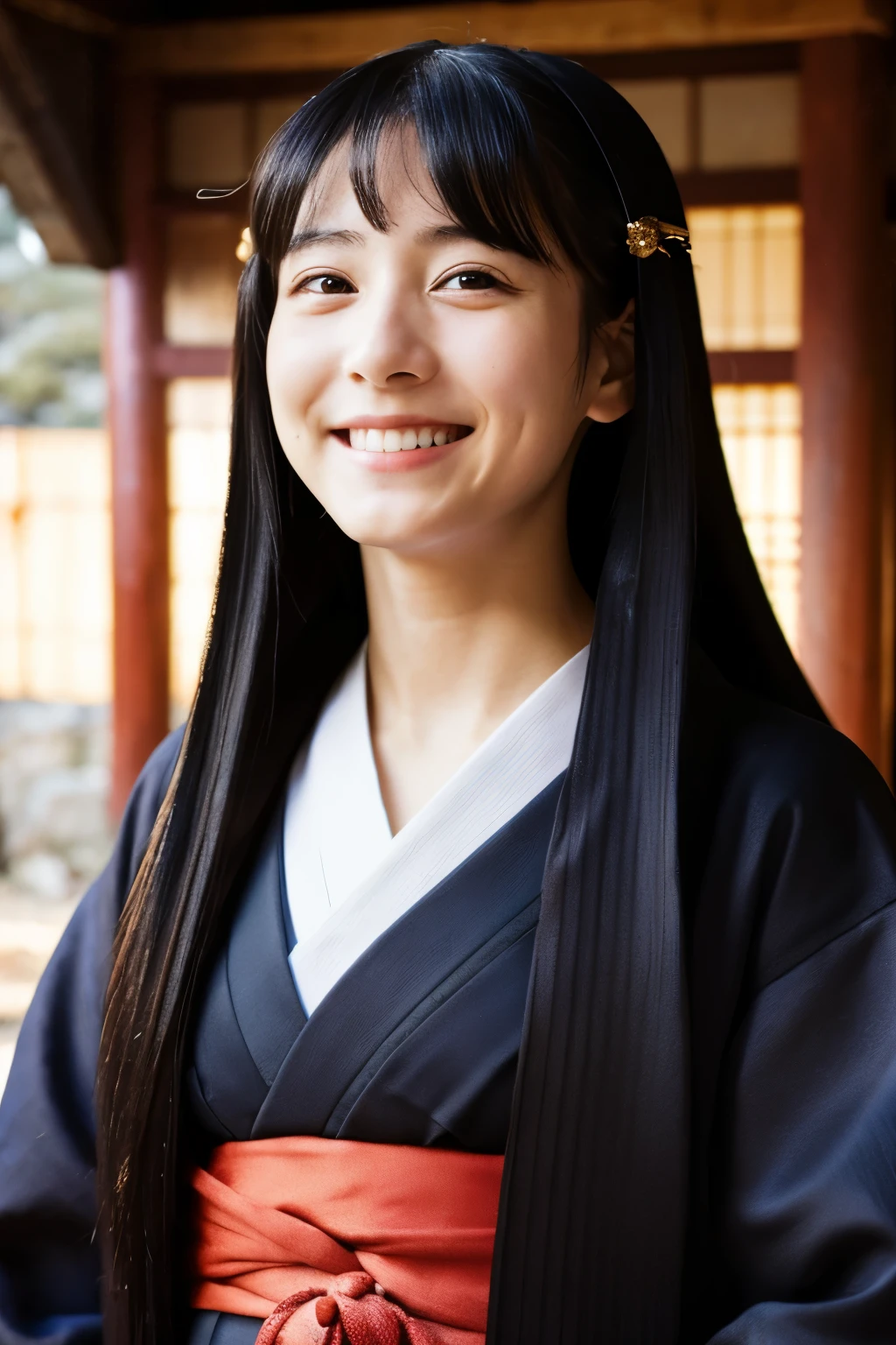 a woman in japanese clothing , long black hair, black eyes, smiling for a viewer , winter, in shrine, in morning,