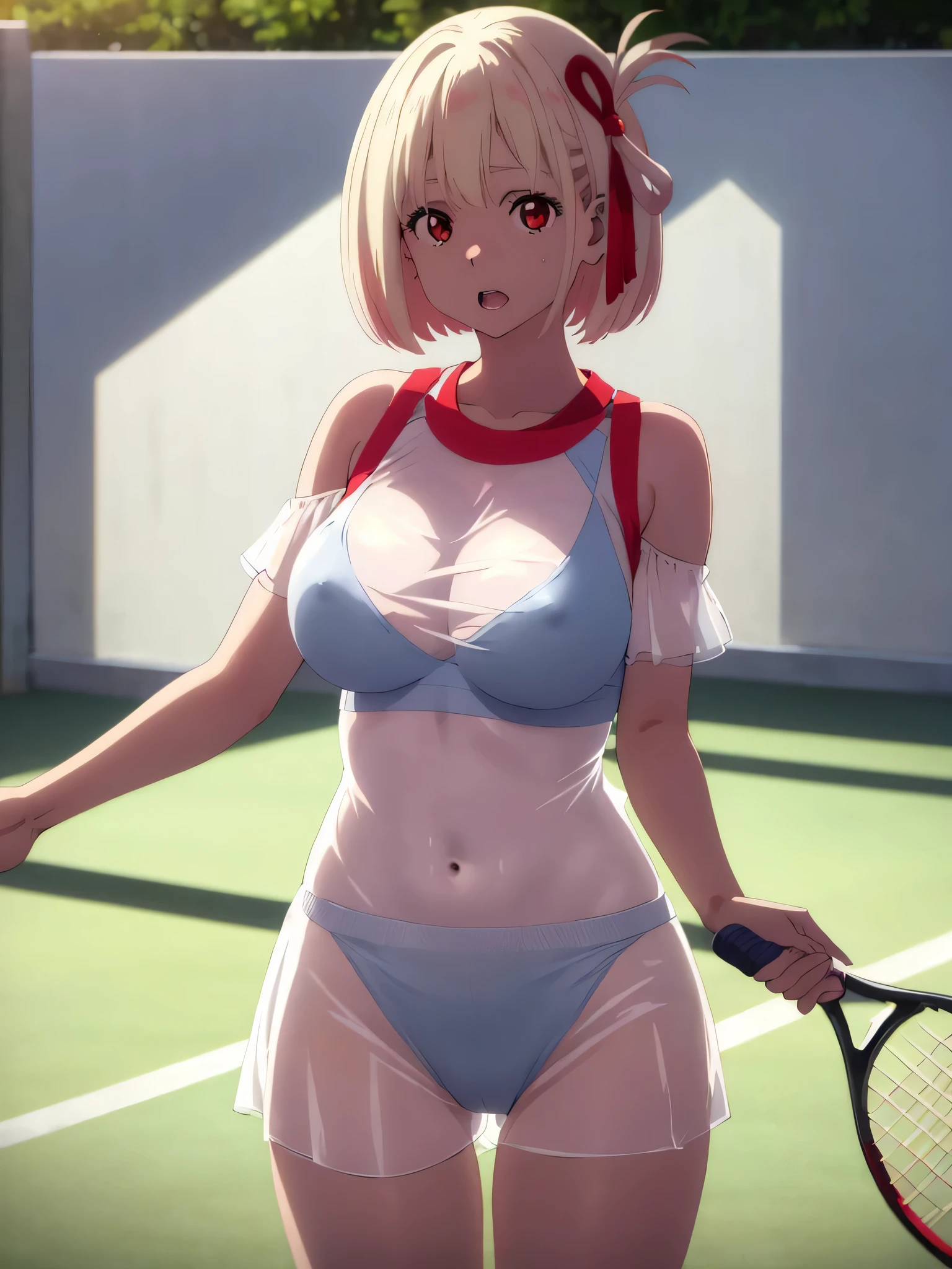 best image quality、high quality、girl,,tennis wear、holding a tennis racket、on the tennis coat、sweaty、transparent clothes、I can see through my clothes、underwear is transparent、tits、good、panties、valley、The sun is shining、shining sun、off shoulder ,glare of the sun, Illuminated、Bokeh, written boundary depth, blurred background, Senzoku Nishikigi、Blonde short bob、red eyes、red ribbon